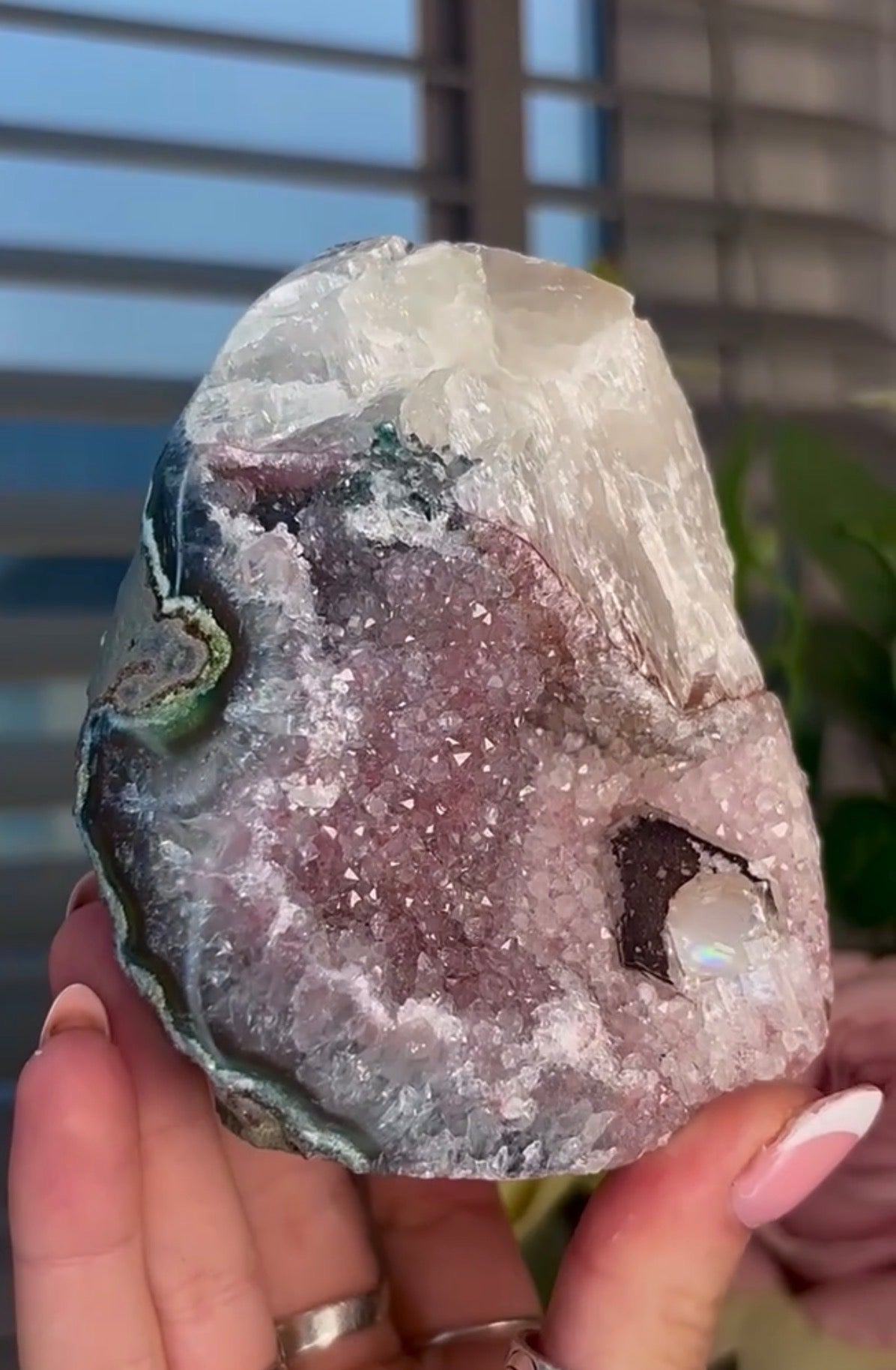 High quality, lavender, pink toned, double cave rainbow amethyst, cutbase with calcite