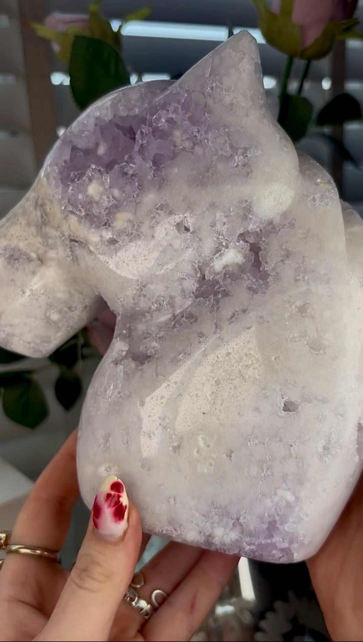 High grade, large, pink amethyst horse carving