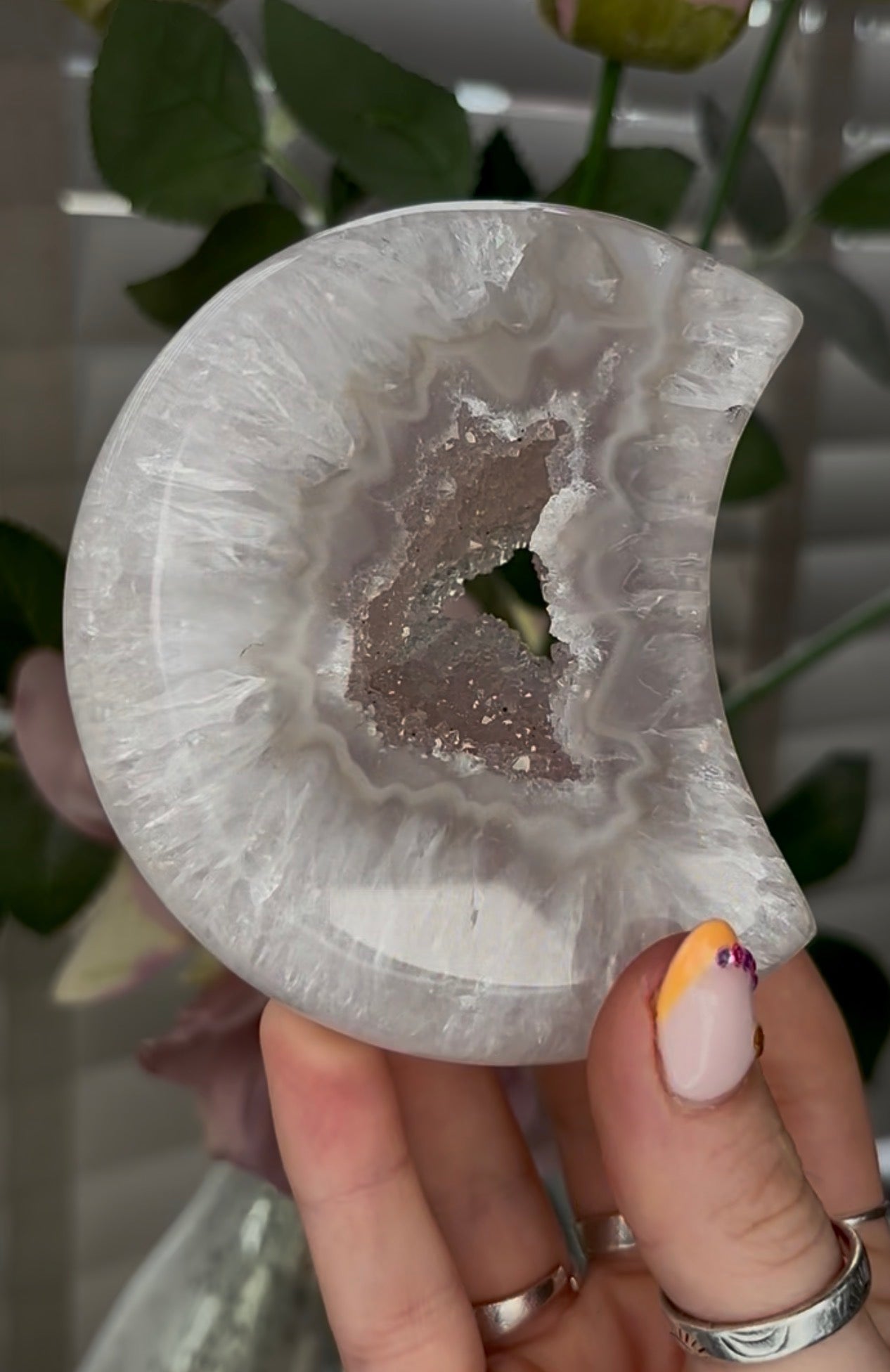 Beautiful, high grade, agate moon with druzy - comes with stand