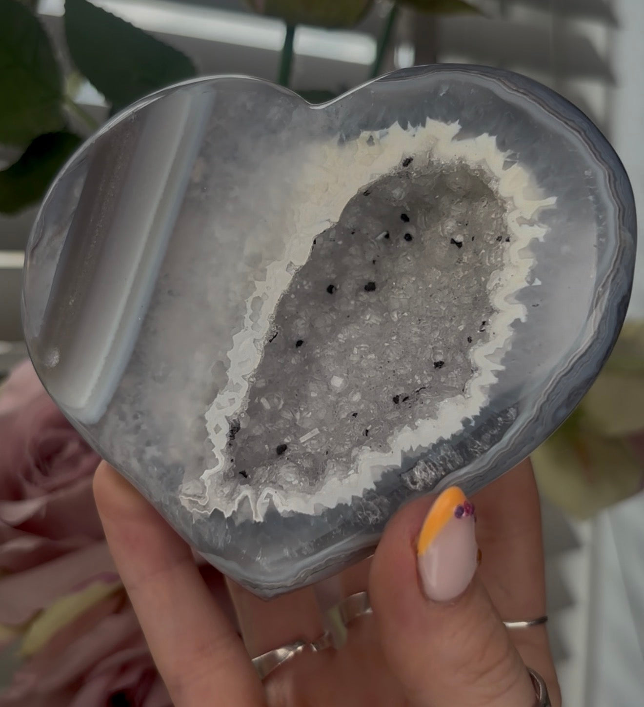 Beautiful, high quality, blue banded agate heart with druzy - stand included