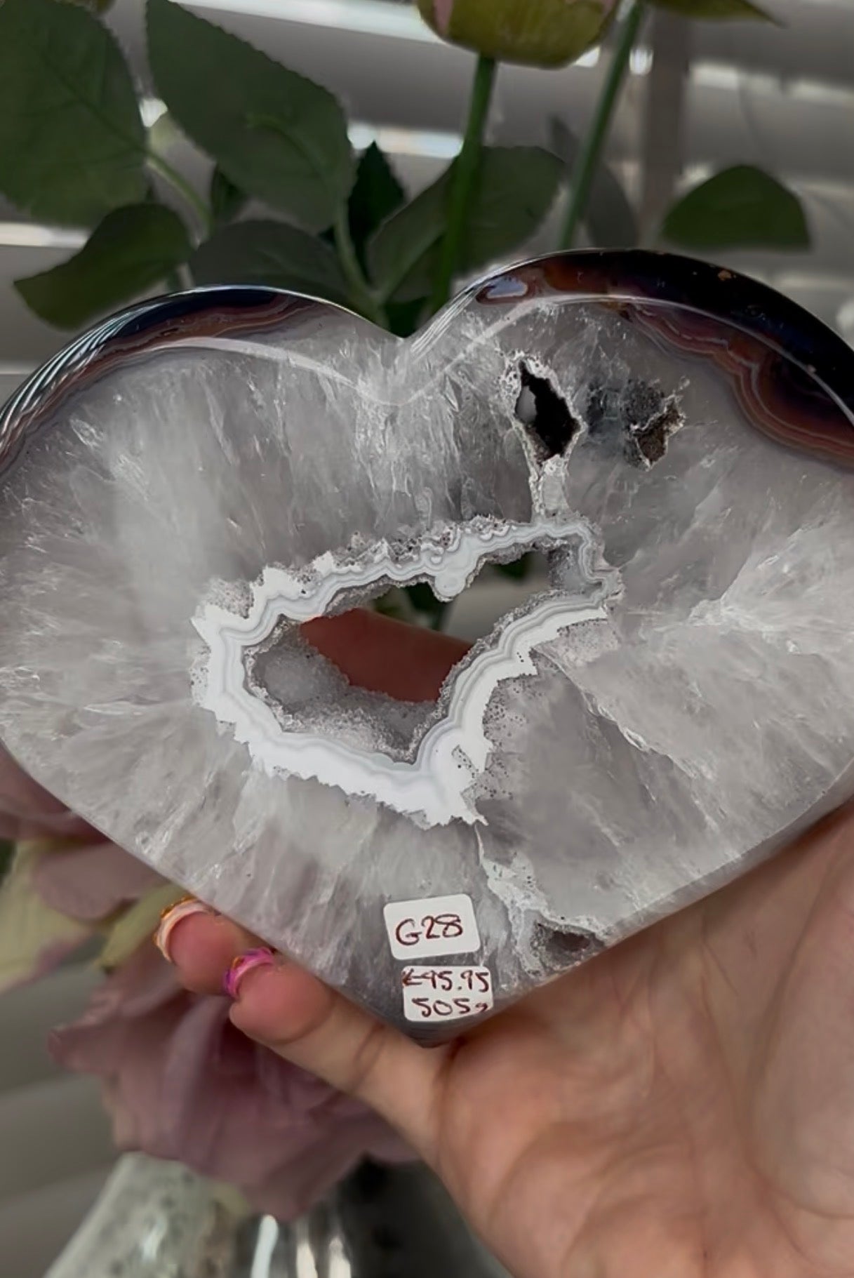 Beautiful, high grade, agate heart with druzy - stand included