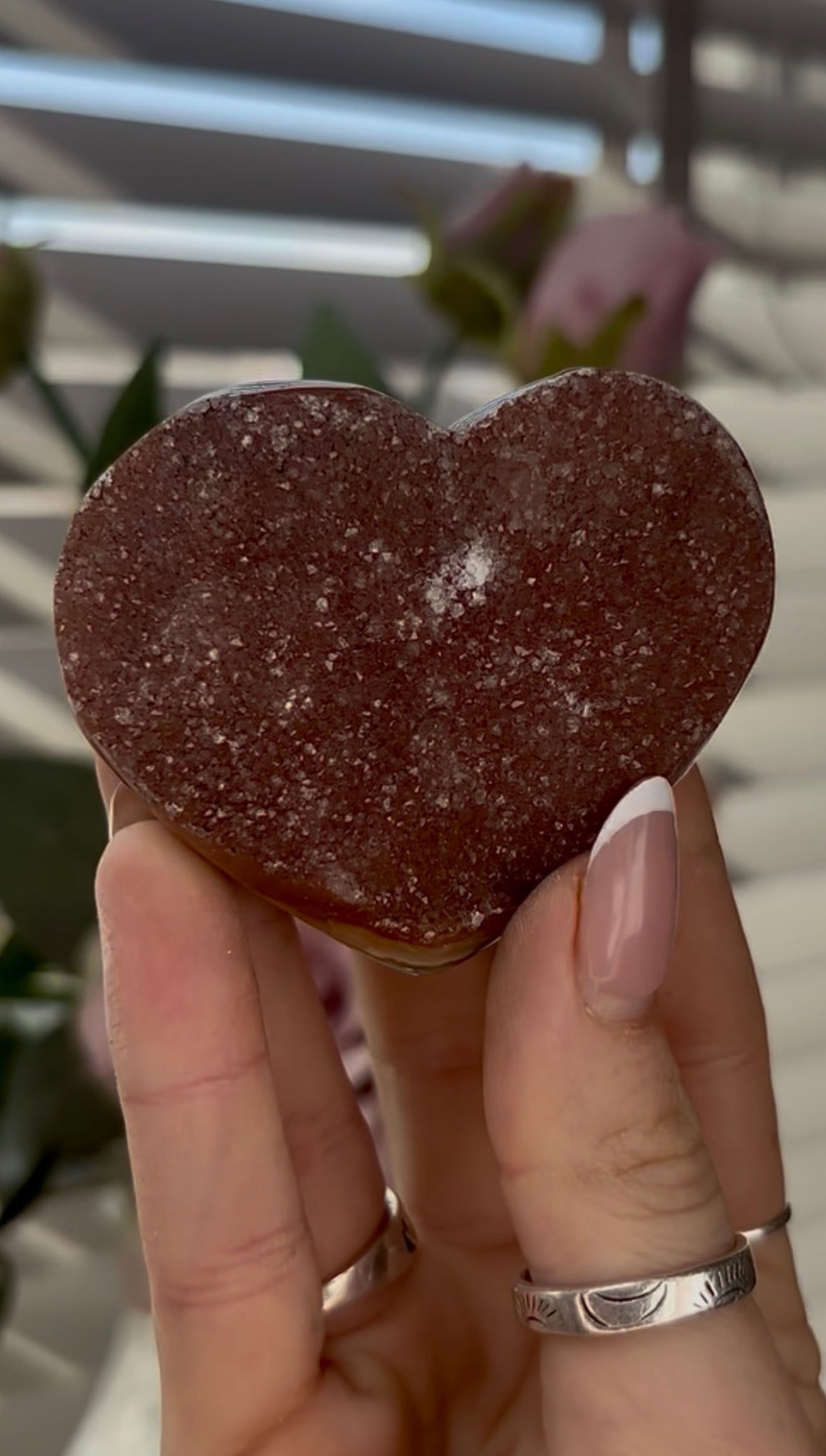 Uruguay, rainbow amethyst heart In rust tones - comes with stand