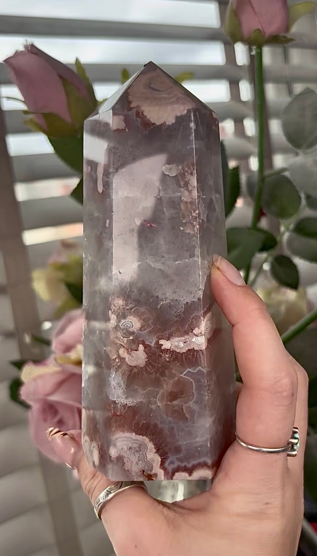 Stunning!! Super high quality, Druzy, green chlorite x blue flower agate tower