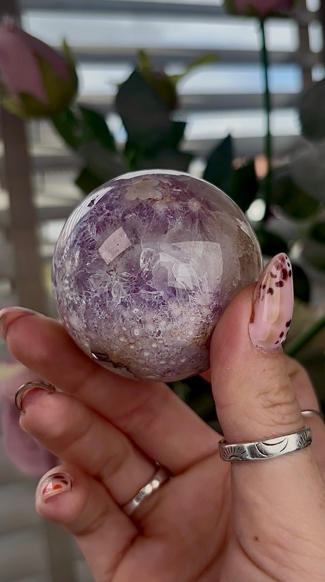 High grade, amethyst Flower agate sphere with druzy quartz- 5.5cm