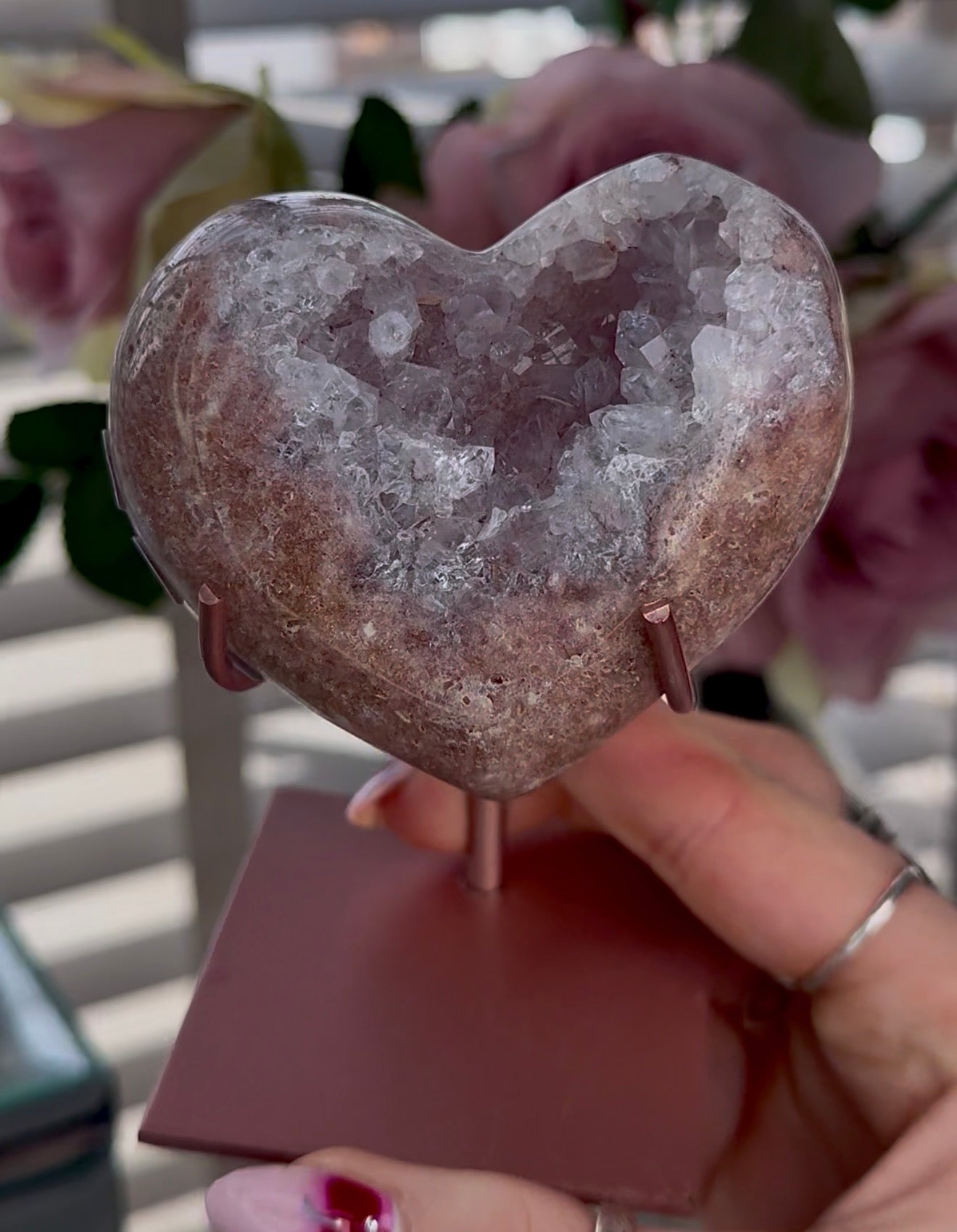 Hq pink amethyst heart with druzy - comes with stand