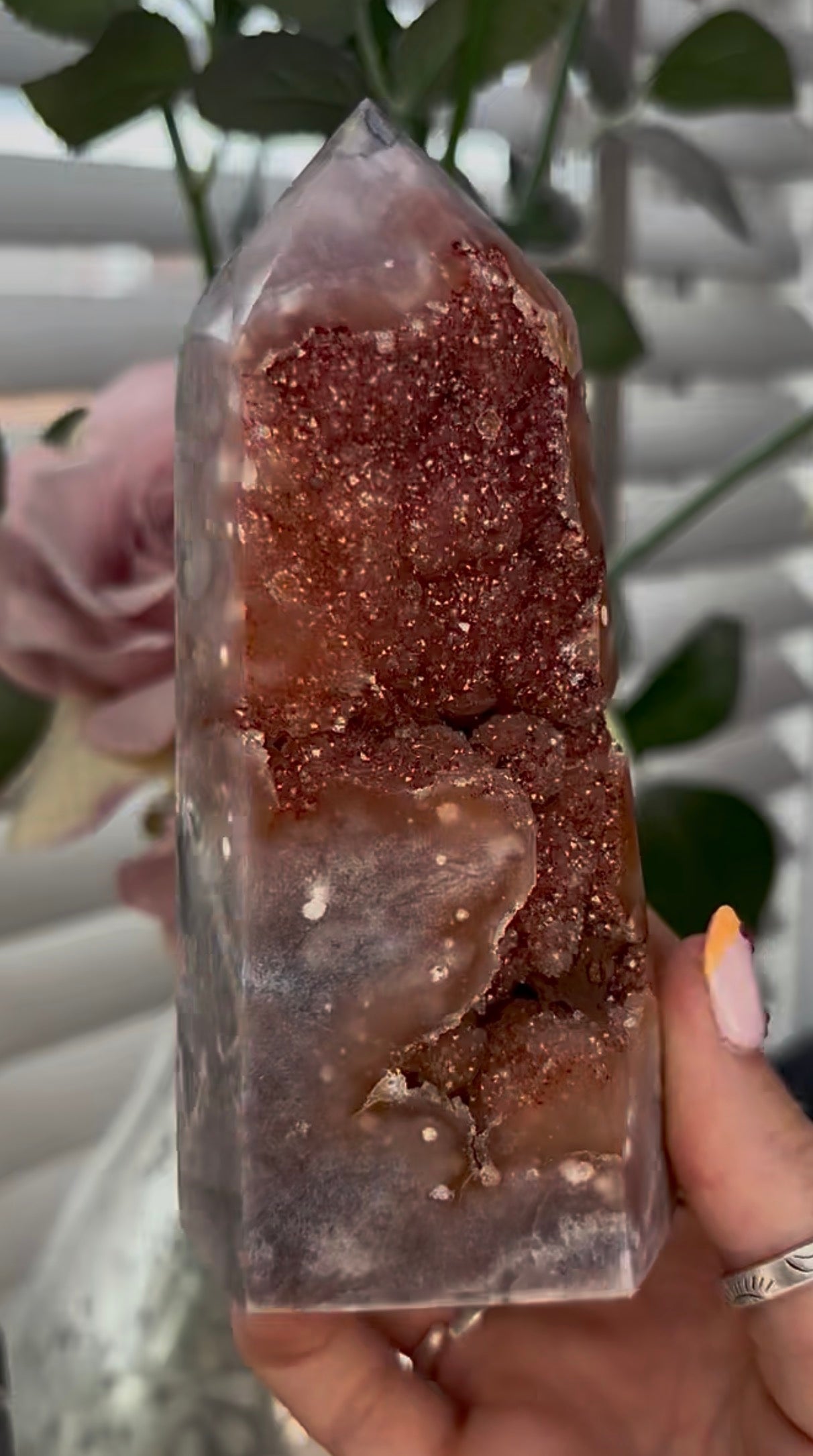 Beautiful, large, high quality, Pink amethyst tower with burnt orange/red druzy