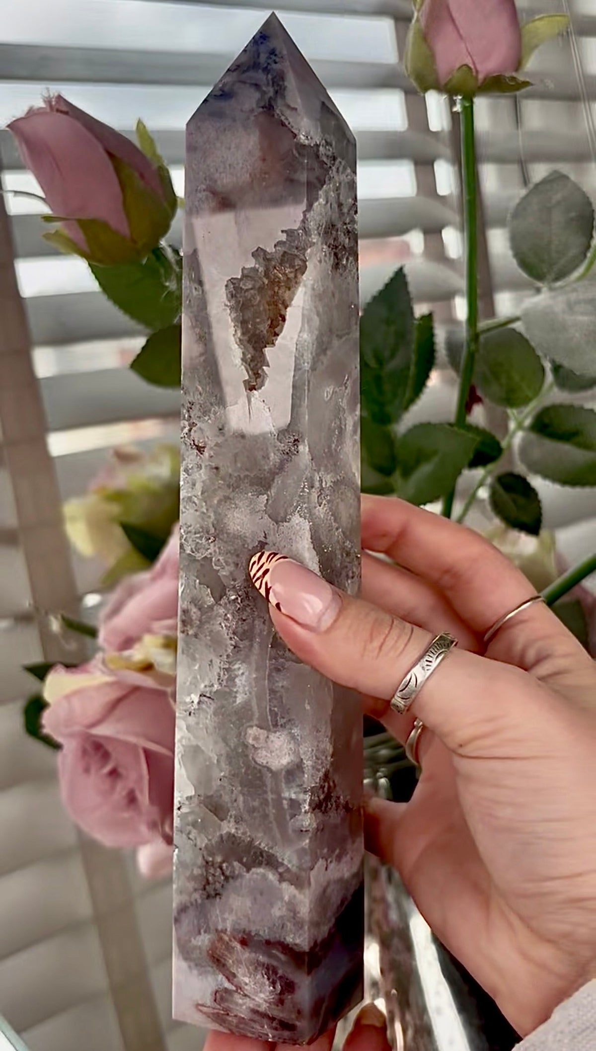 Stunning!! Super high quality, Druzy, green chlorite x blue flower agate tower