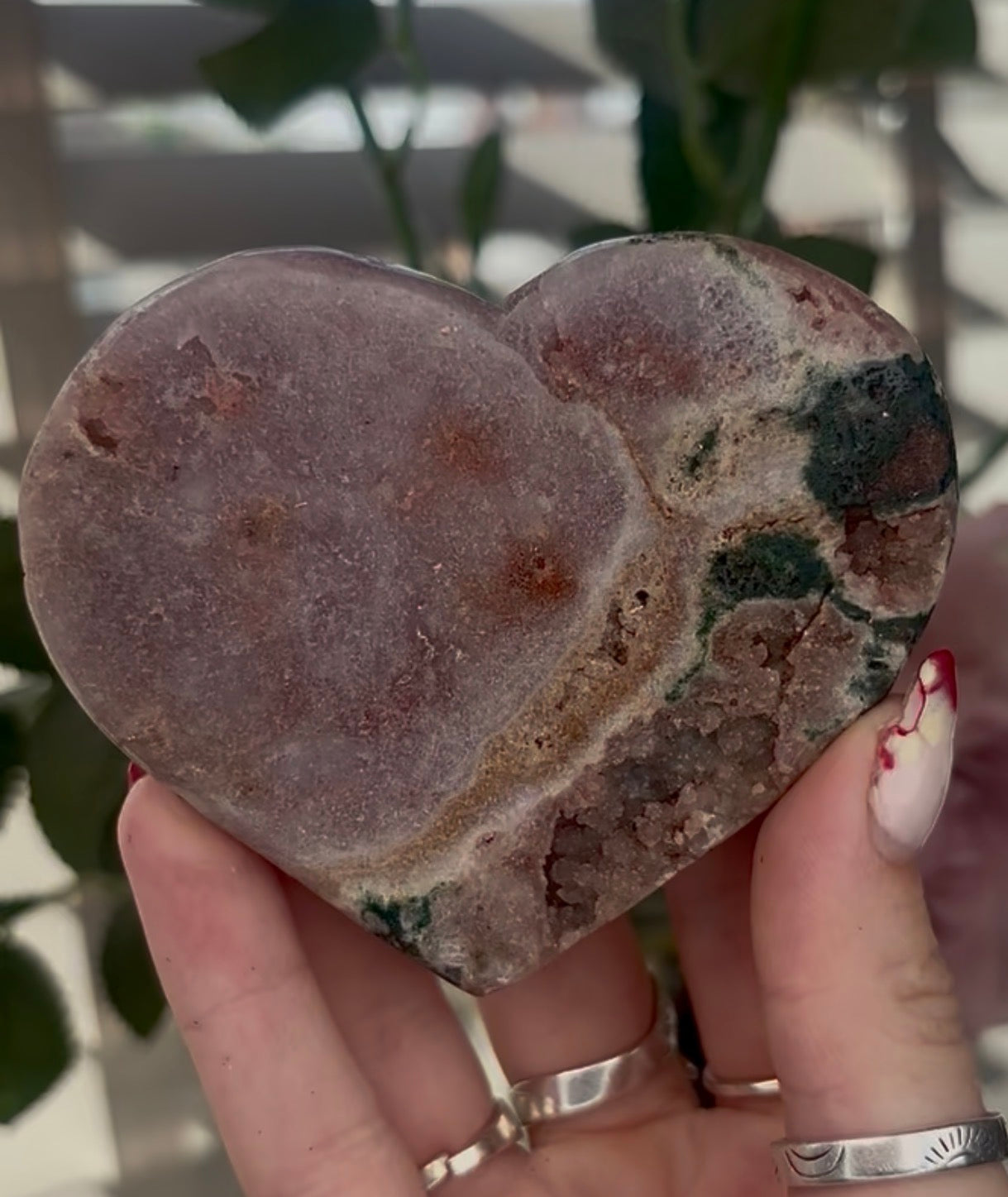 pink amethyst heart with jasper - comes with stand