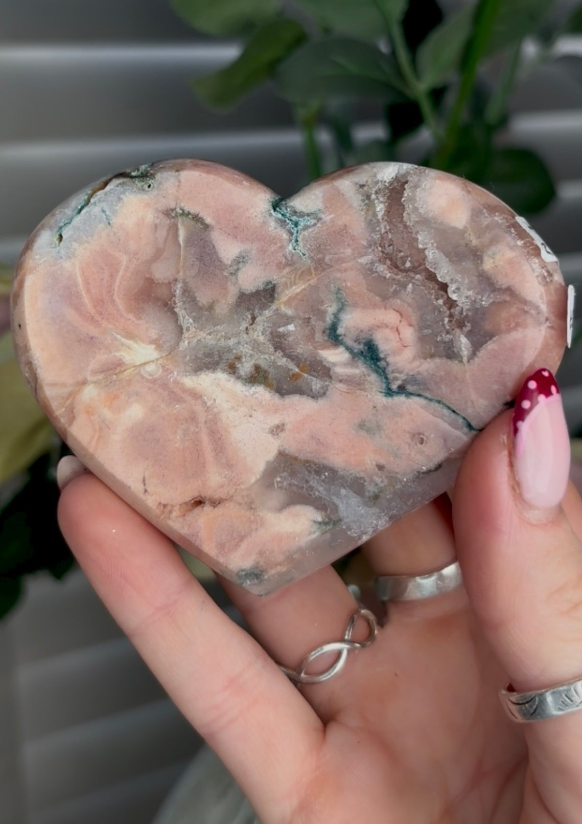 Gorgeous pink amethyst & jasper heart in peach tones  - comes with stand