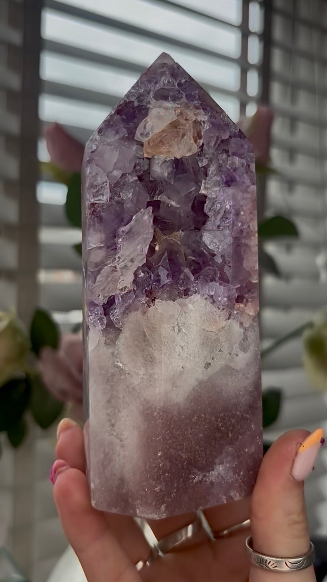 High quality, Pink amethyst tower, with purple quartz druzy