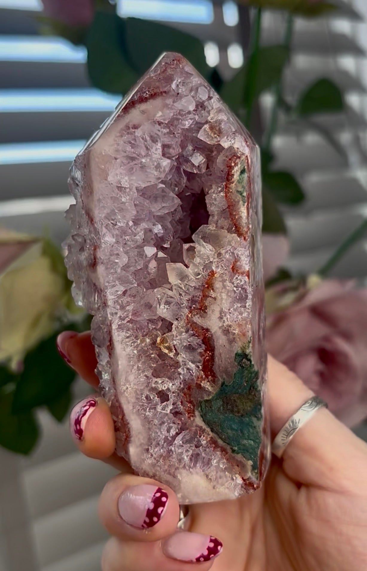 Pink amethyst tower with jasper and quartz