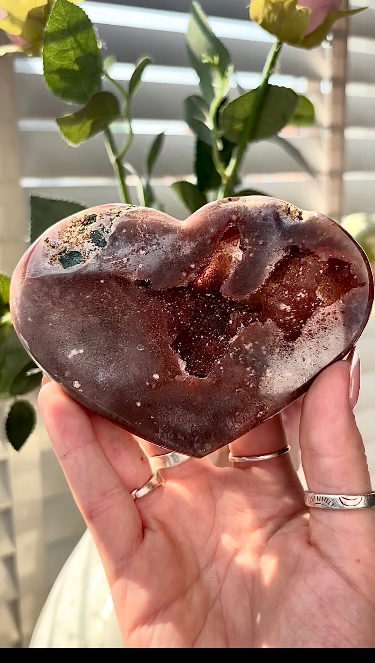 Gorgeous, high quality, berry red pink amethyst heart- comes with stand