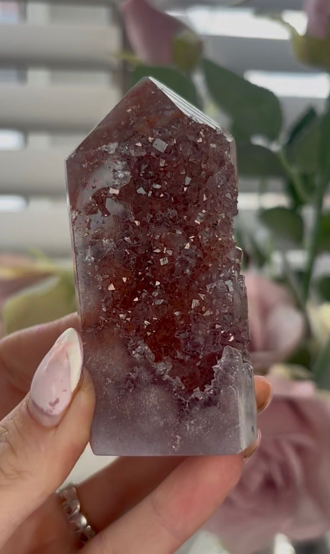 Beautiful, high quality, Pink amethyst tower in berry tones with sugar druzy