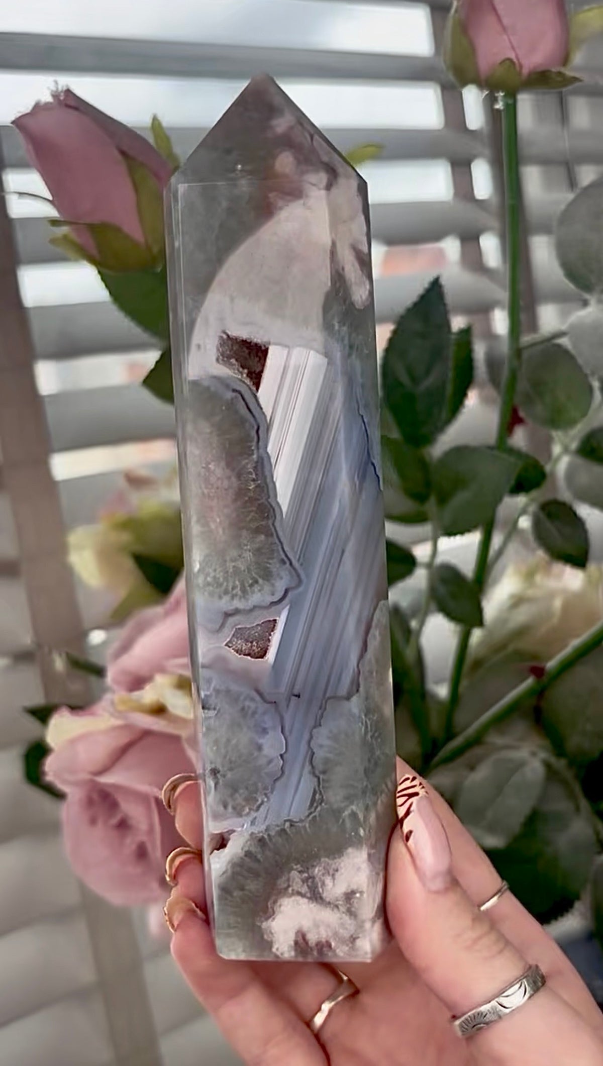 Stunning!! Super high quality, Druzy, green chlorite x blue flower agate tower