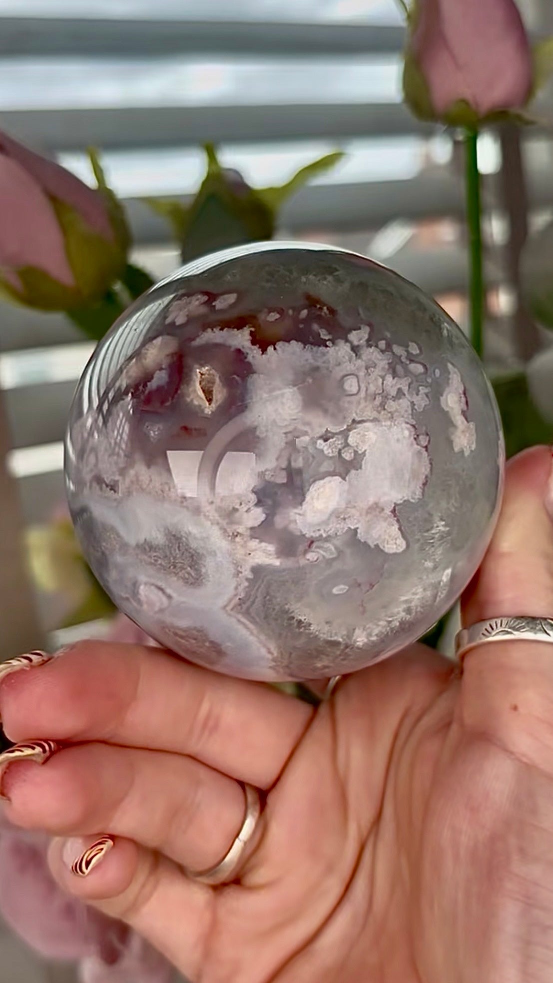 Stunning!! Super high quality, Druzy, green chlorite x blue flower agate sphere