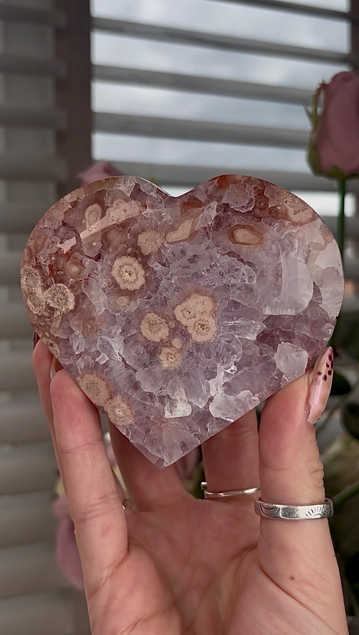 High grade, amethyst Flower agate heart with high clarity quartz