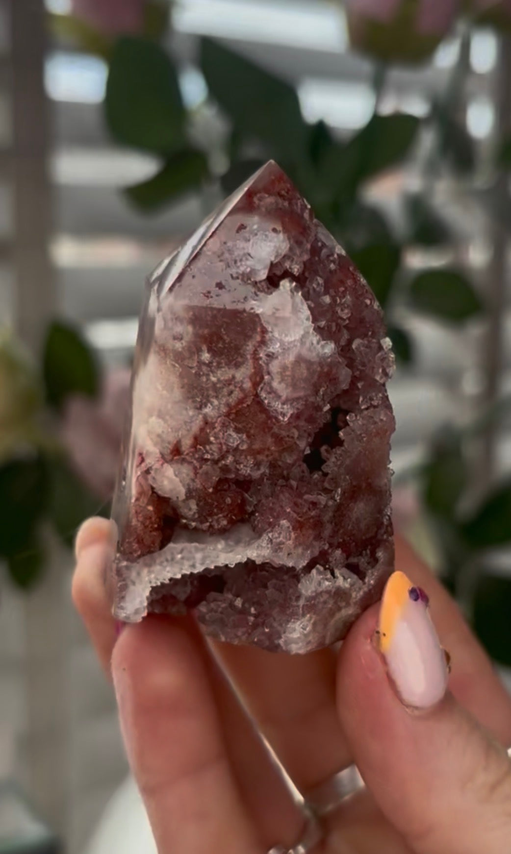 Small, High quality, Pink amethyst tower, with druzy