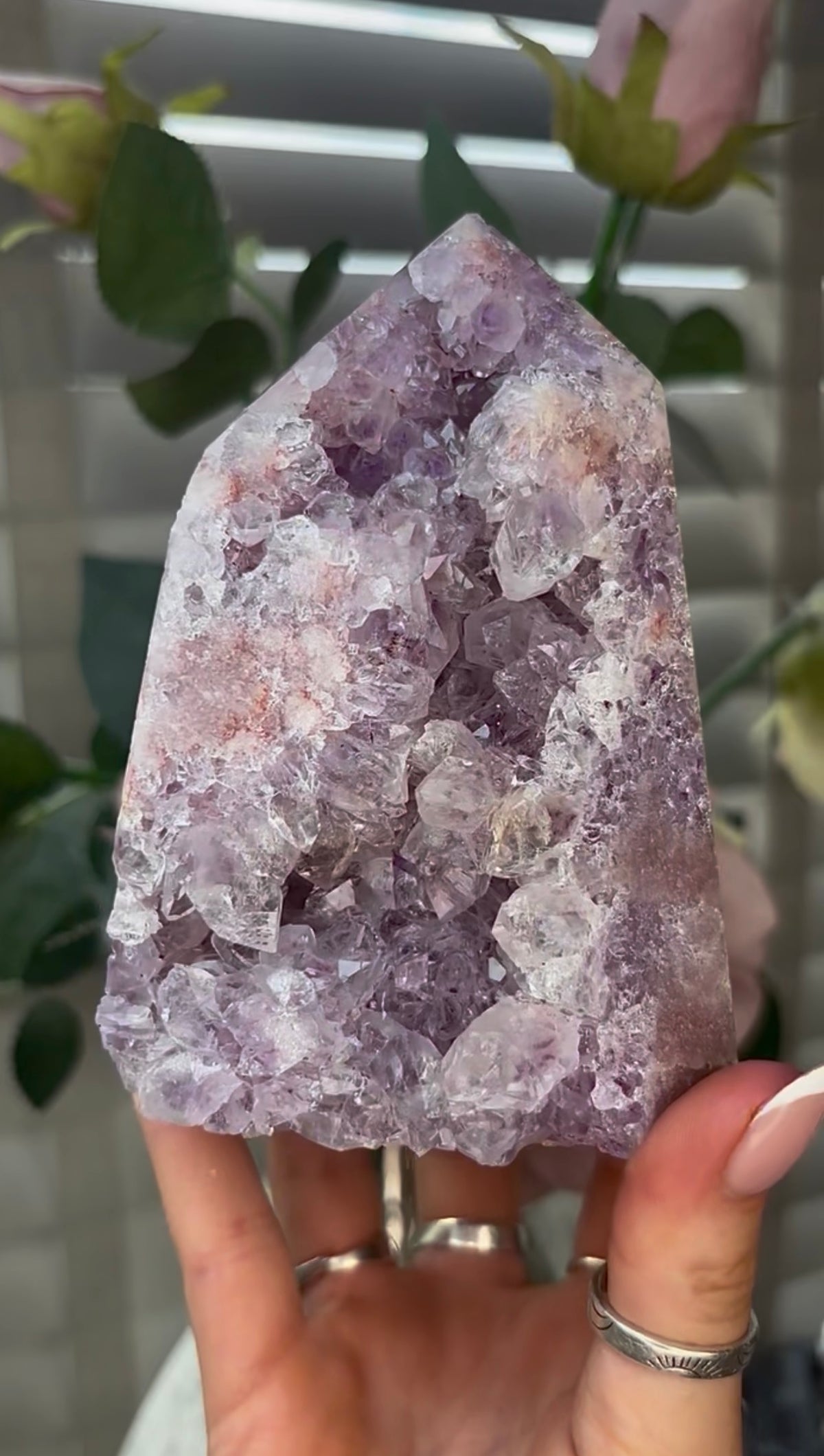 Beautiful, hq, druzy, chunky Pink amethyst tower 12cm(h) by 8.5cm(w)