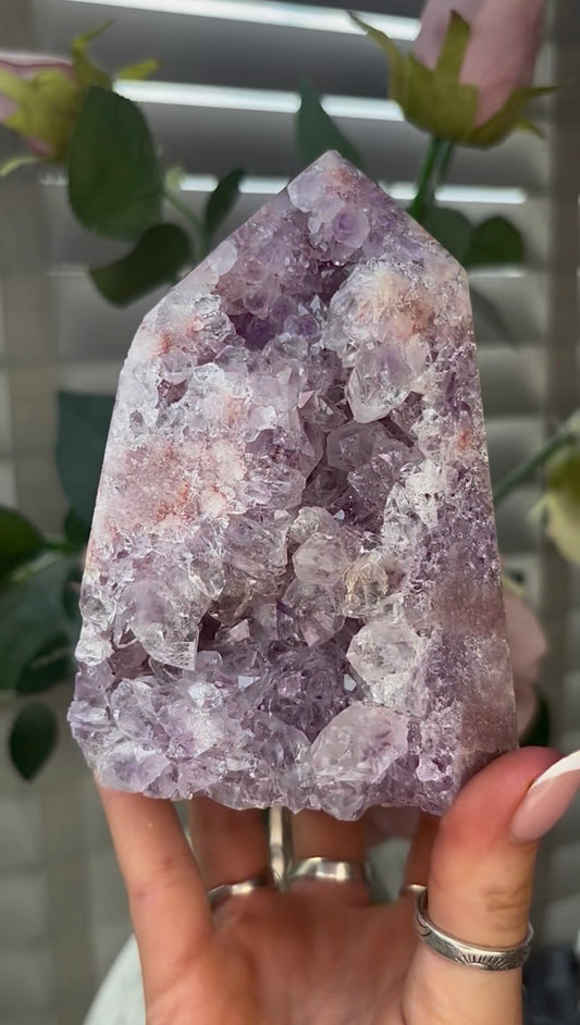 Beautiful, hq, druzy, chunky Pink amethyst tower 12cm(h) by 8.5cm(w)