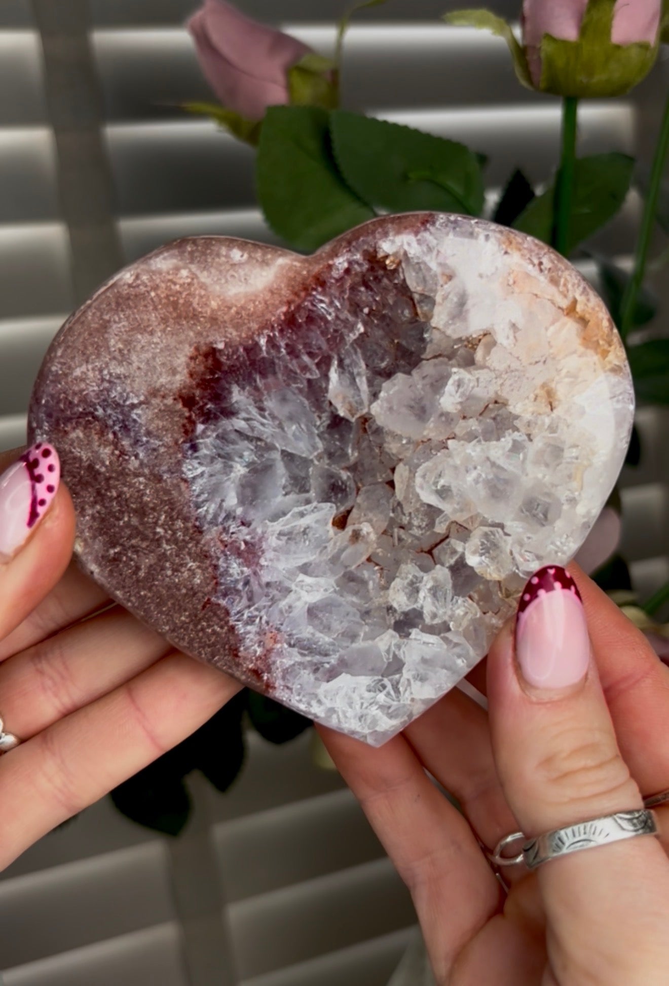 pink amethyst heart with quartz Druze- comes with stand