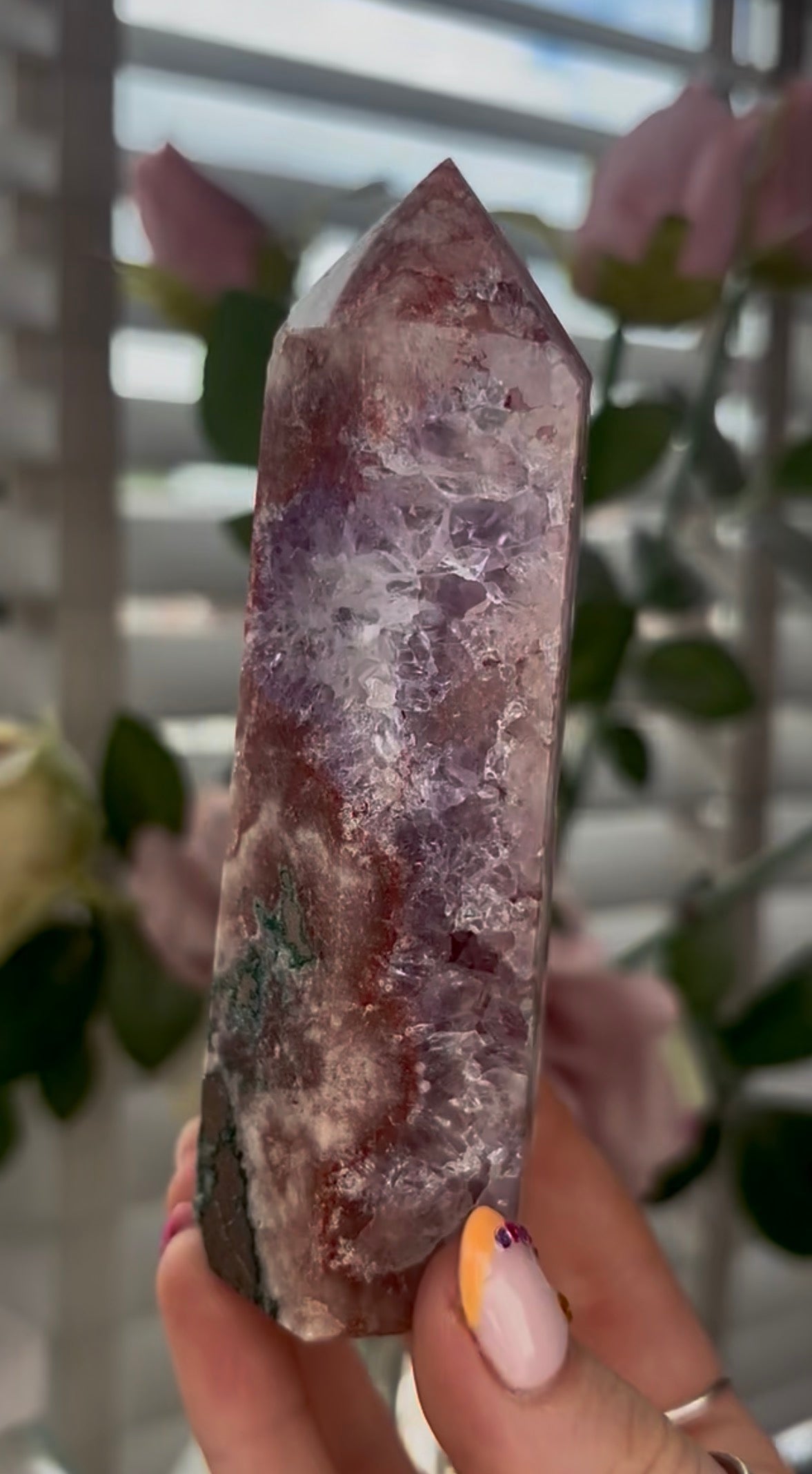 Pretty, Pink amethyst tower with quartz & Green jasper