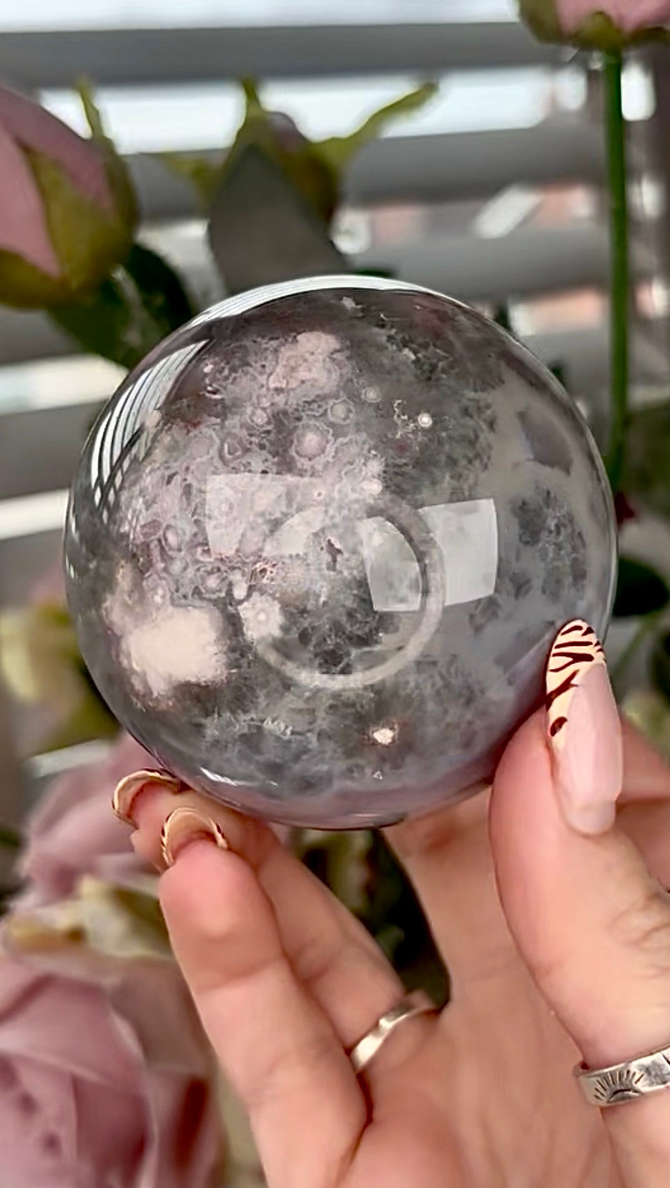 Stunning!! Super high quality, Druzy, green chlorite x blue flower agate sphere