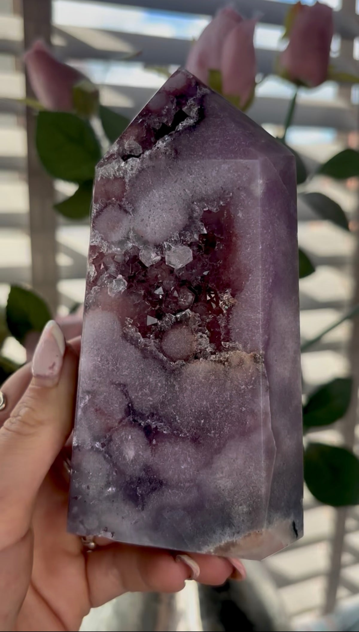 Beautiful, high quality, Pink amethyst tower in lilac tones with vibrant purple druzy