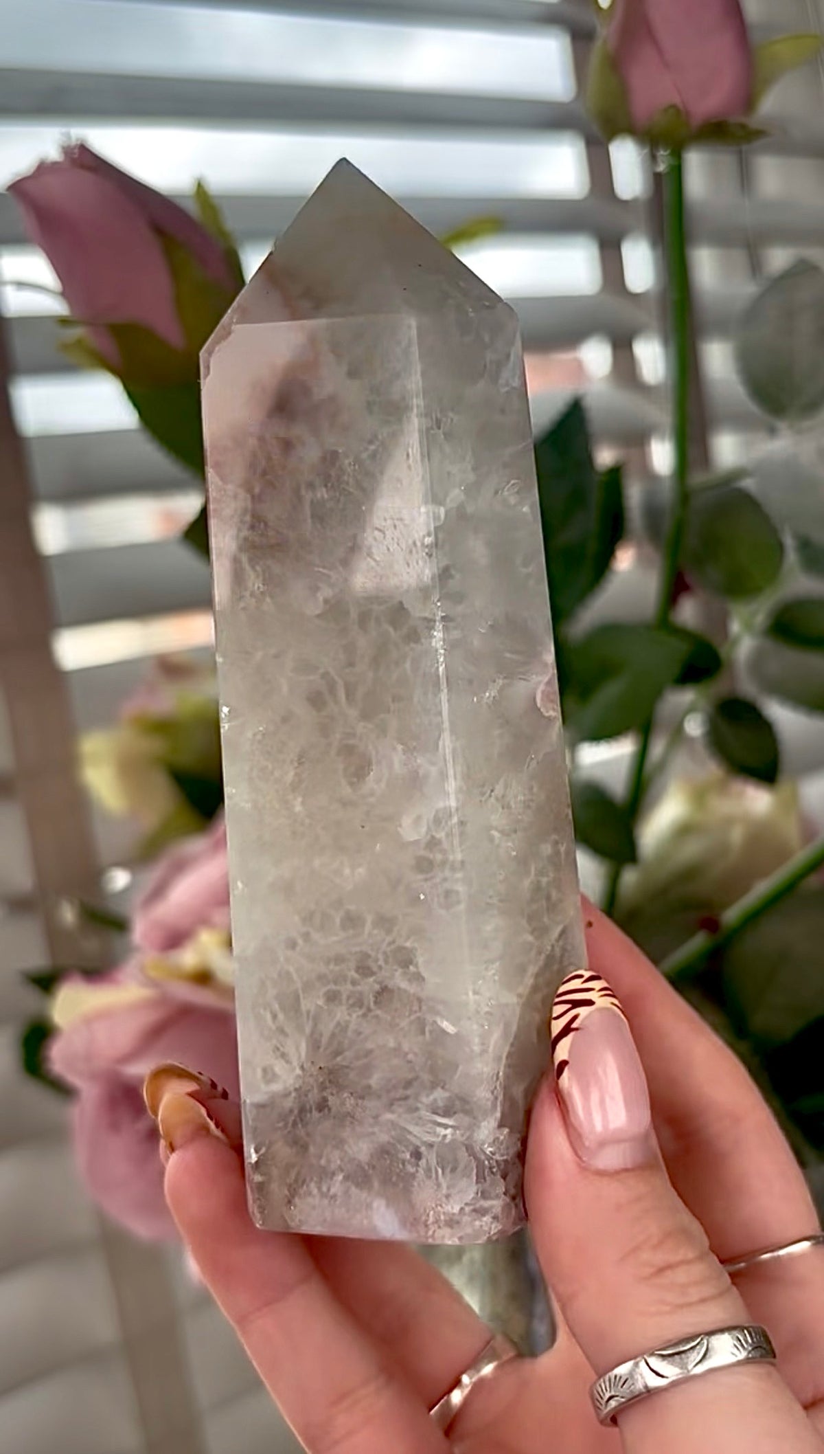 Stunning!! Super high quality, Druzy, green chlorite x blue flower agate tower