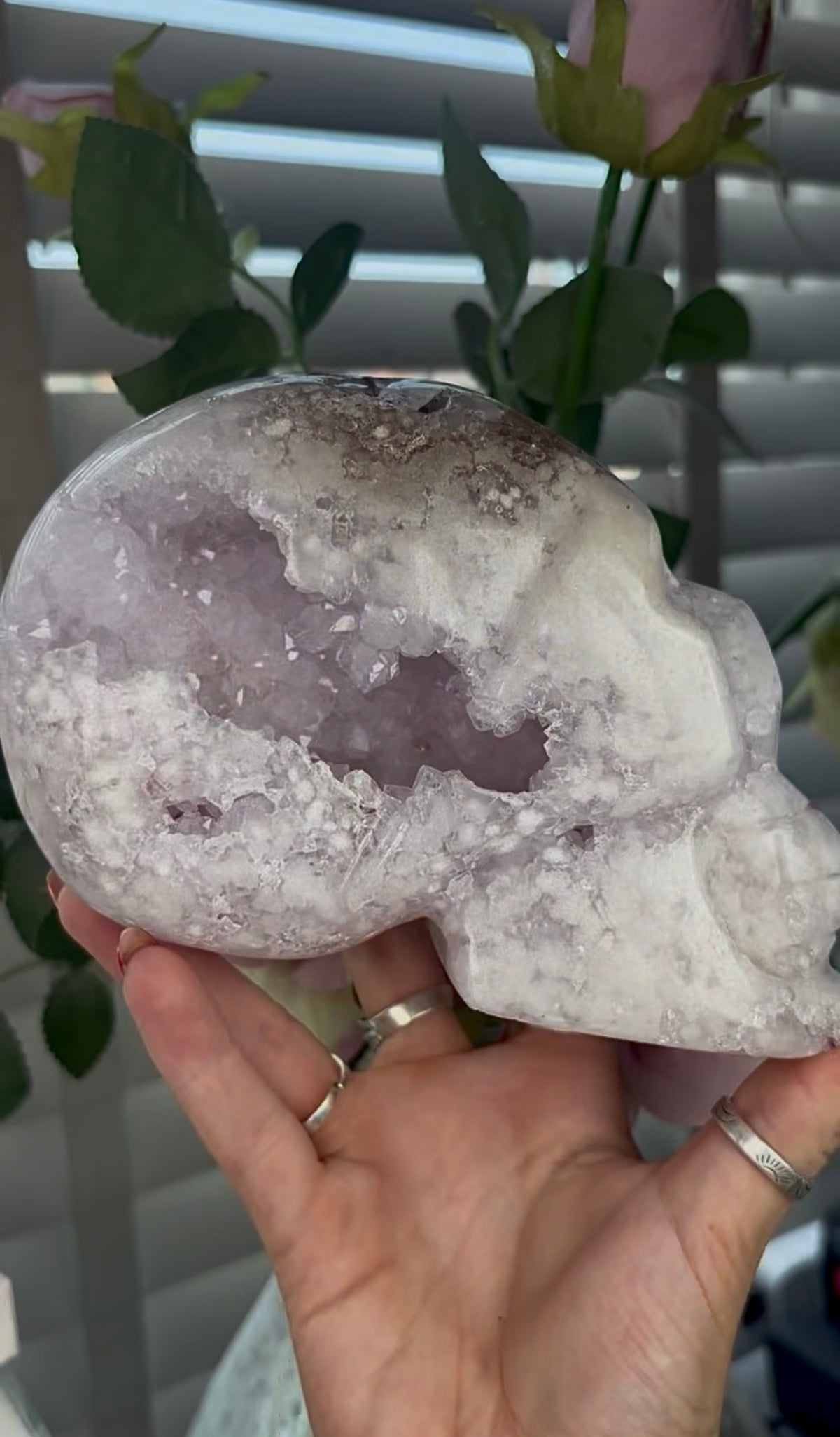 High grade, pink amethyst skull carving with chunky druzy