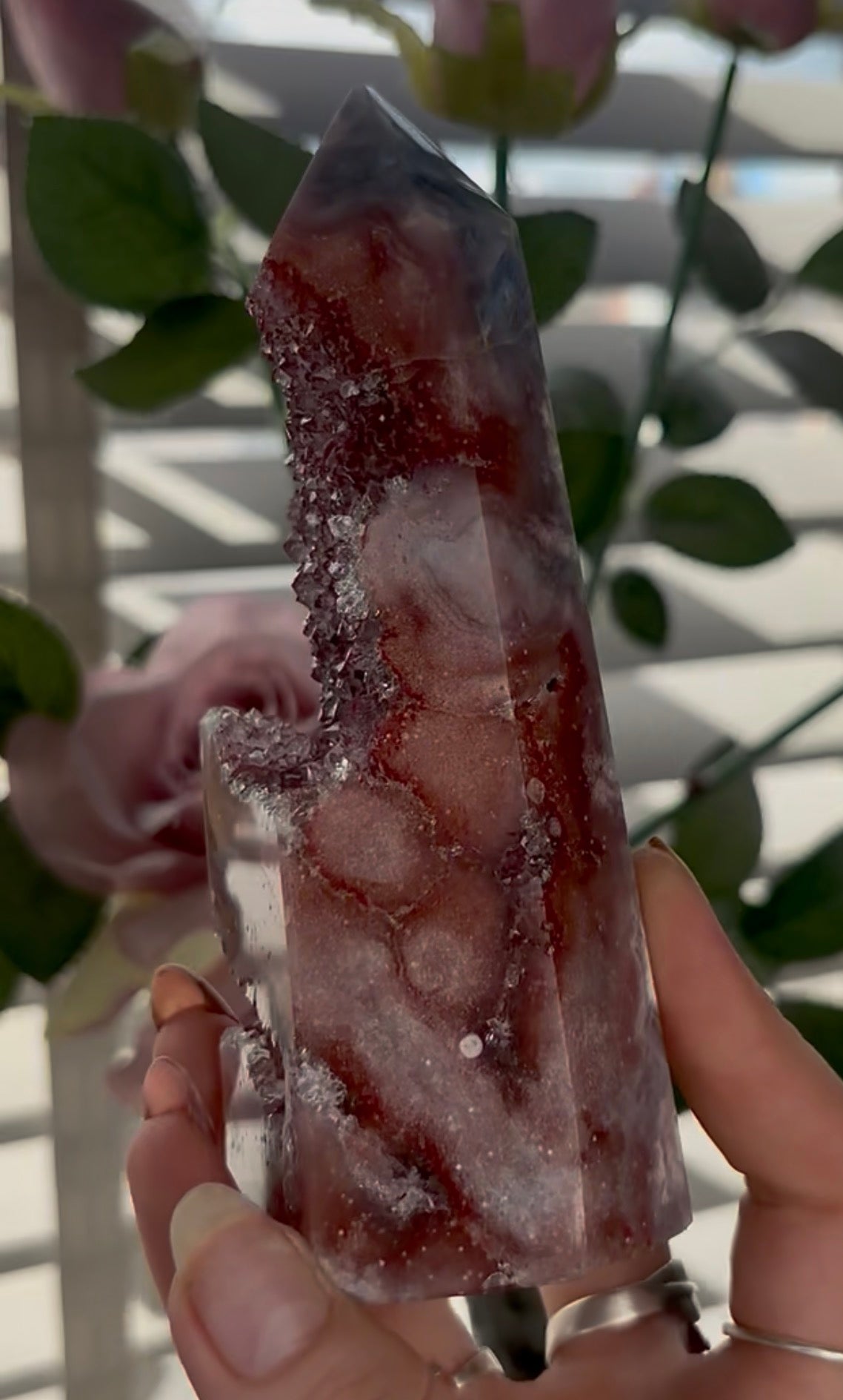 Incredible, high quality, Pink amethyst tower in red tones with sugar druzy