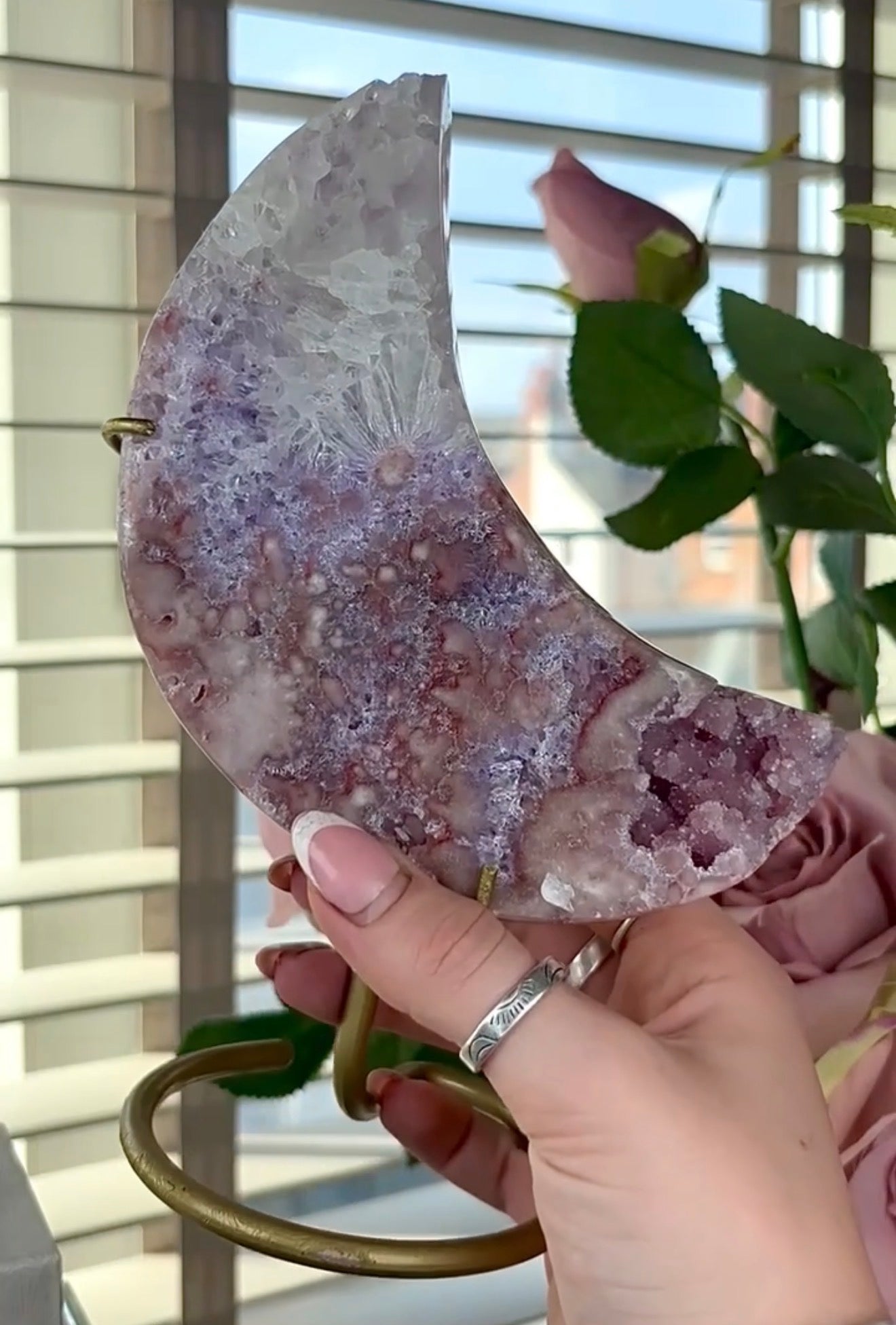 High grade, pink amethyst moon with quartz - comes with stand