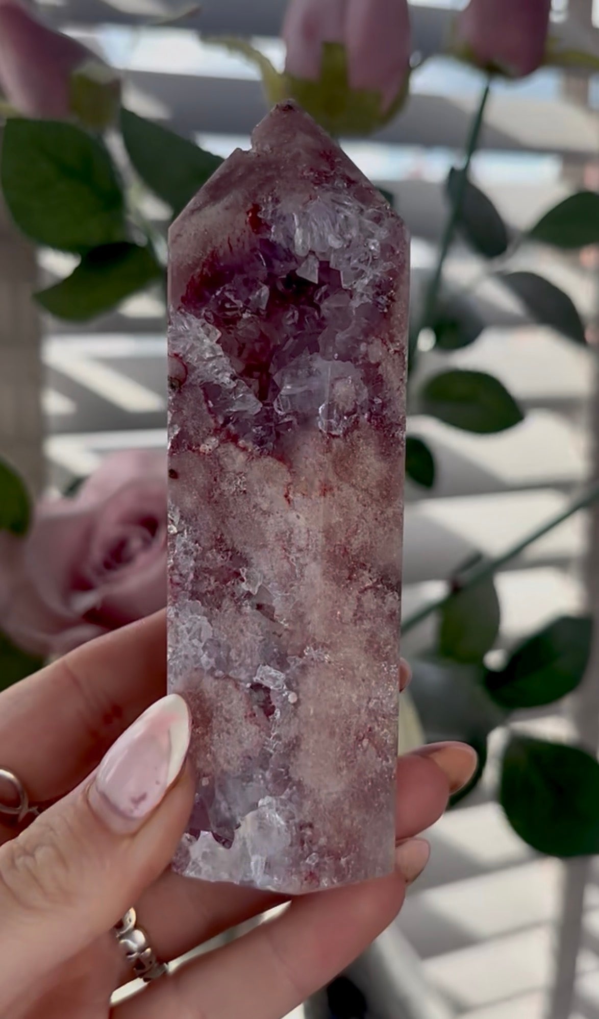 Beautiful, high quality, Pink amethyst tower with purple quartz