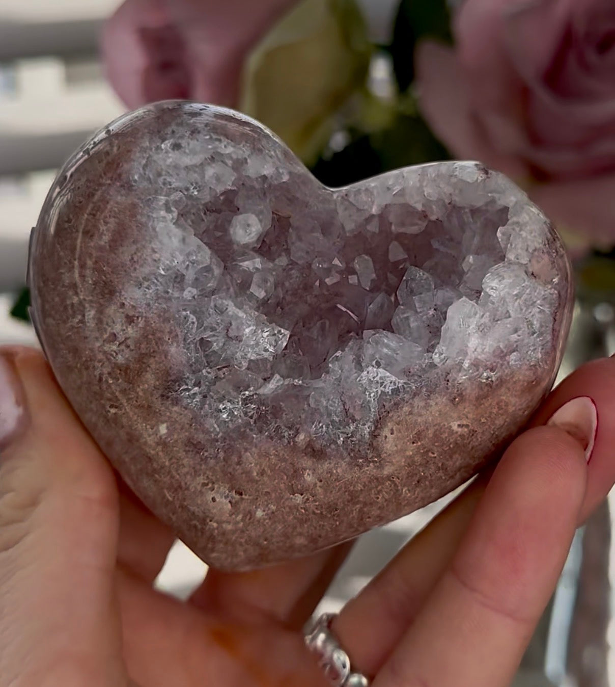 Hq pink amethyst heart with druzy - comes with stand