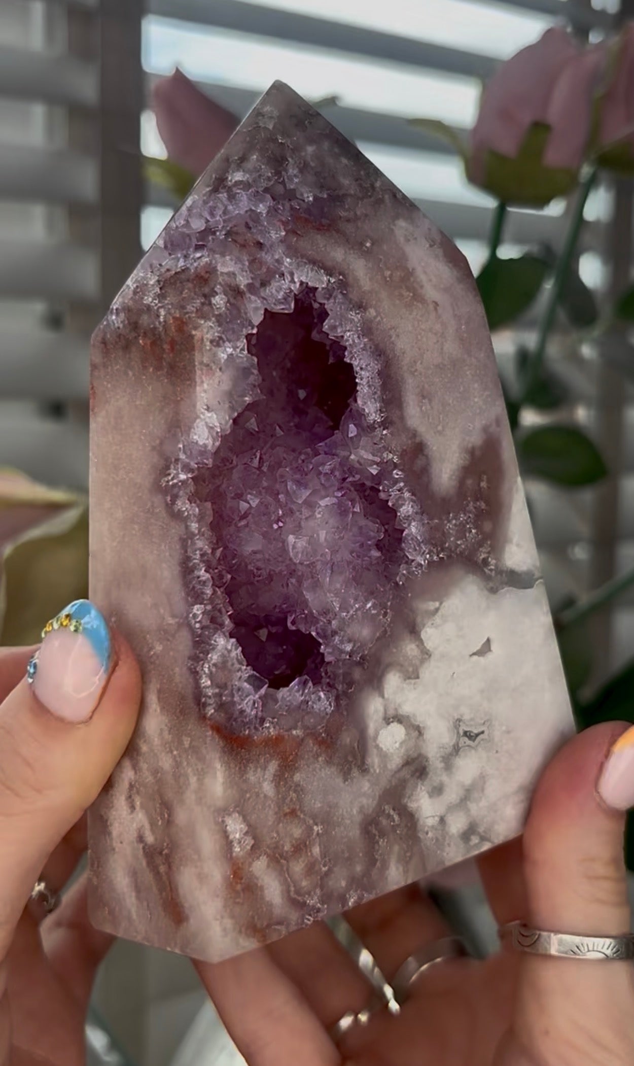 Huge, Beautiful, Pink amethyst tower with purple quartz druzy