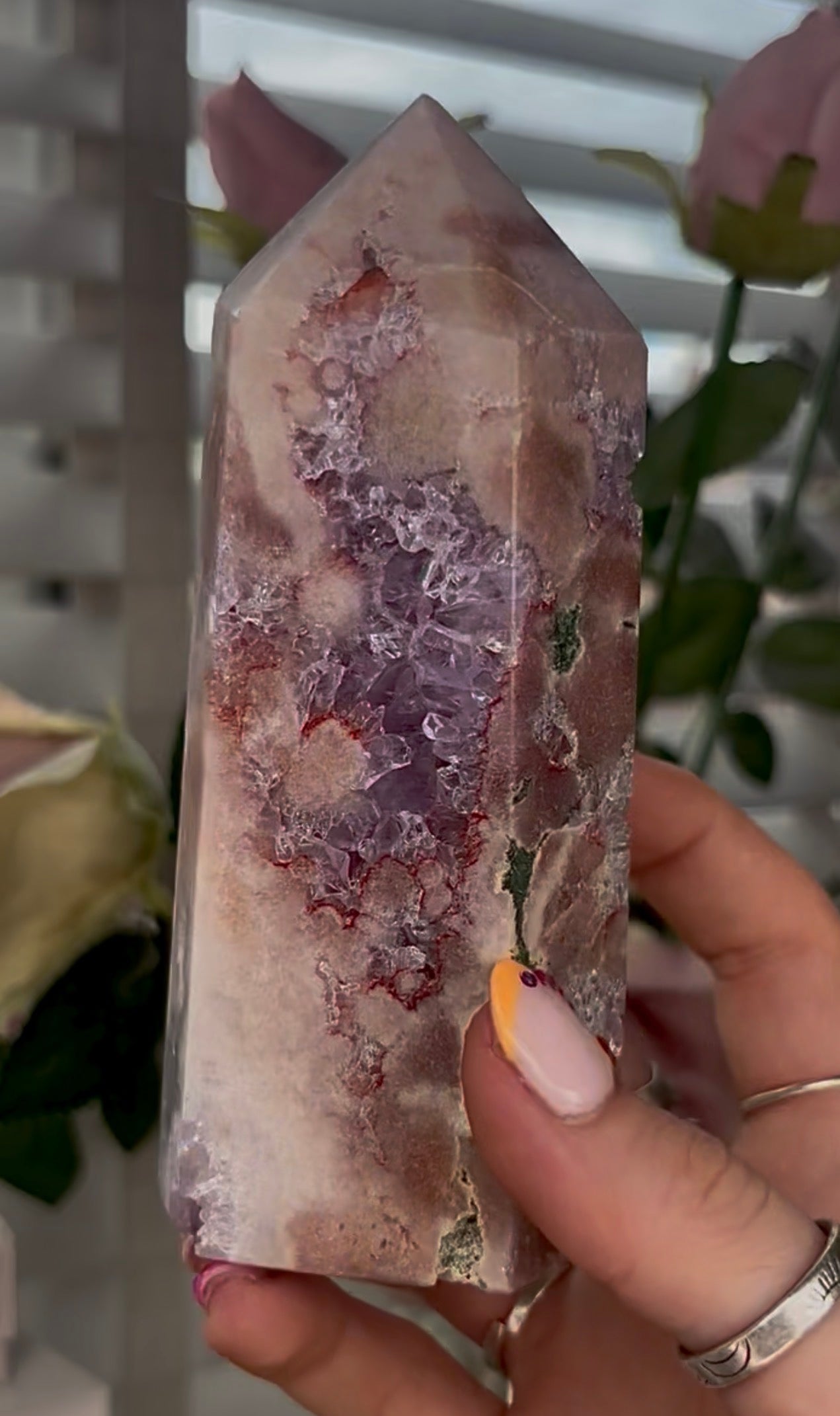 Pretty, Pink amethyst tower, with purple quartz druzy