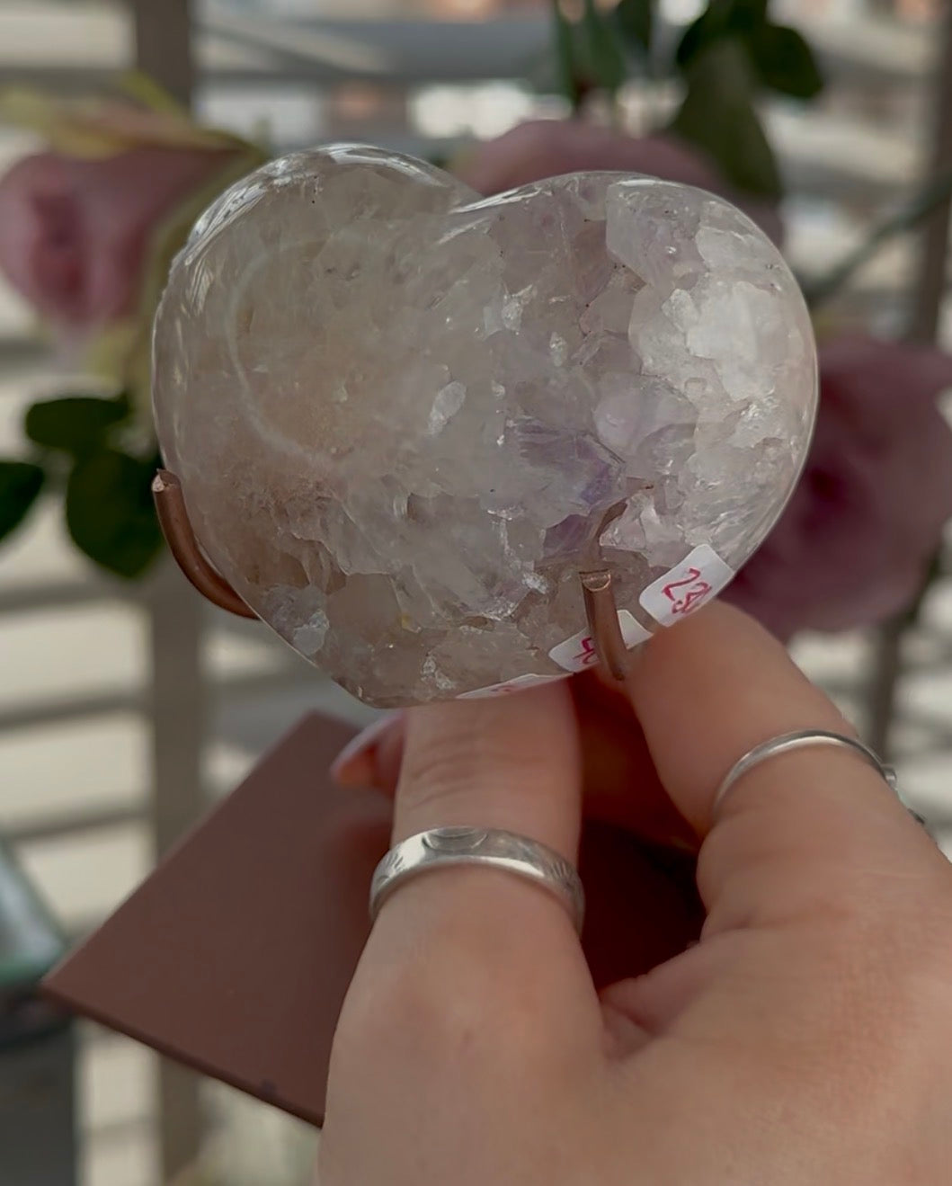 pink amethyst heart - comes with stand