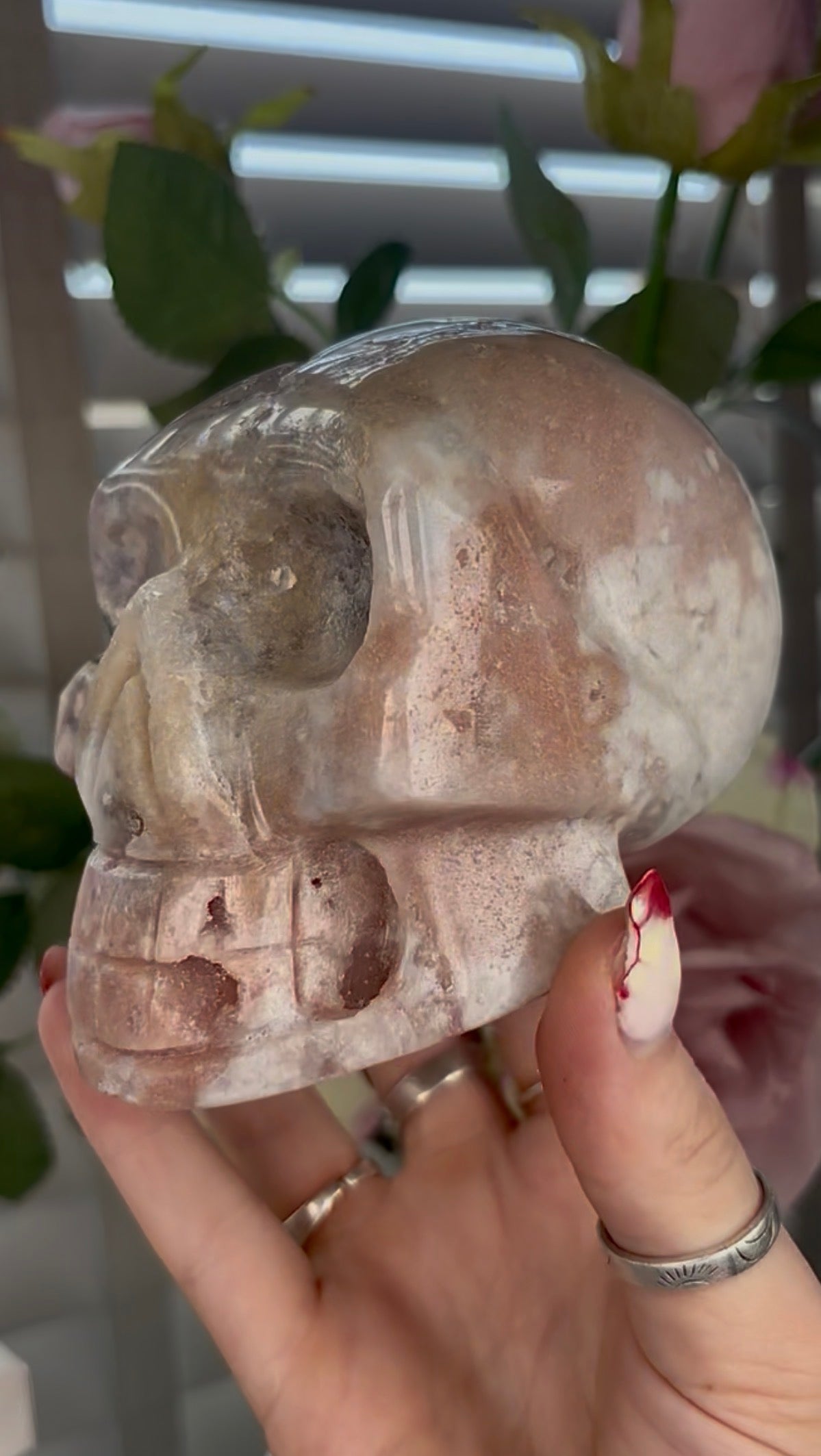 High grade, pink amethyst skull carving