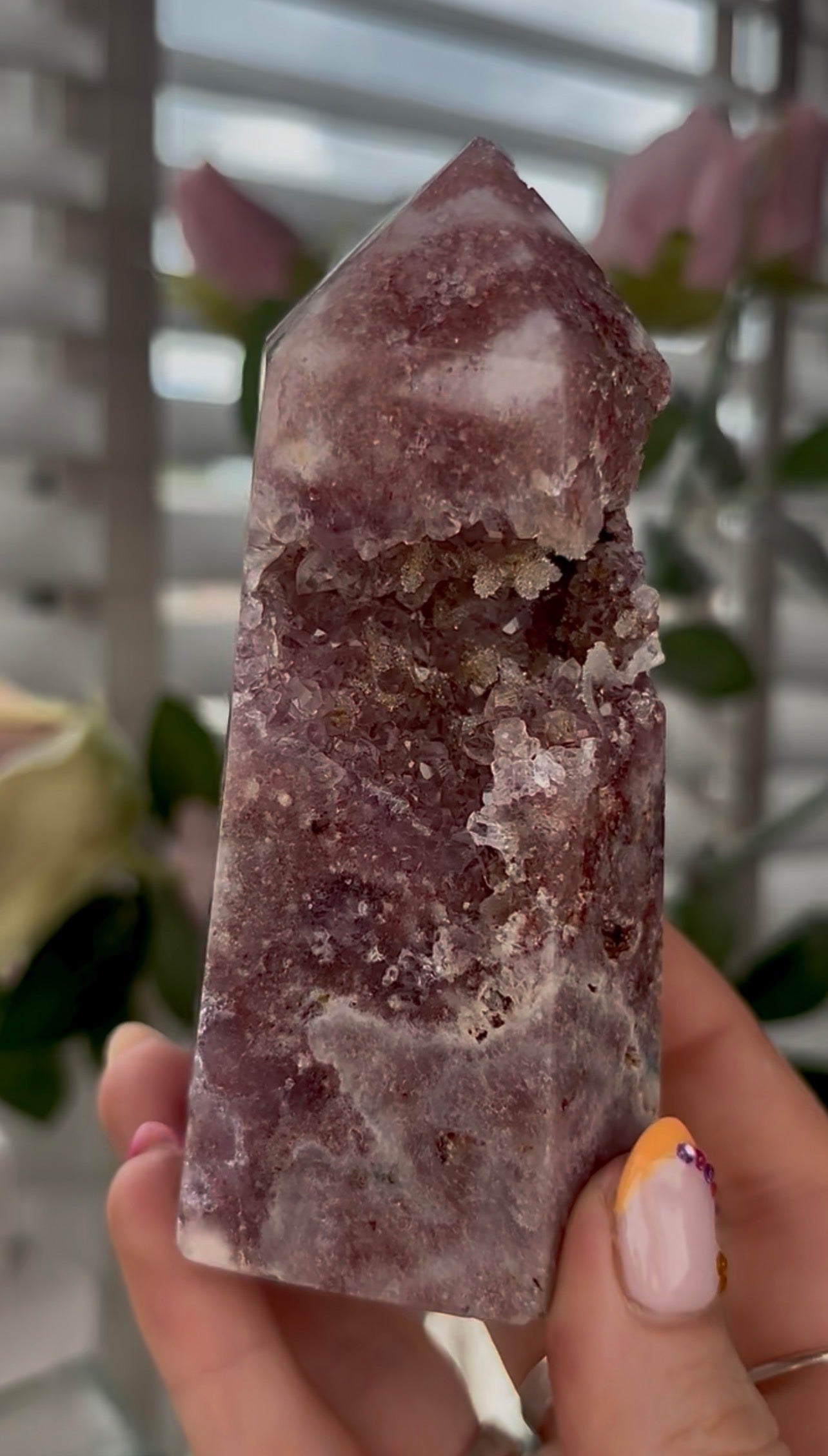 Pretty, Pink amethyst tower with Druzy