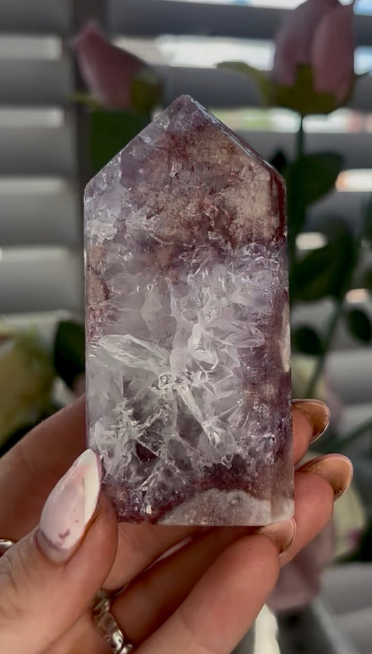 Beautiful, high quality, Pink amethyst tower with quartz