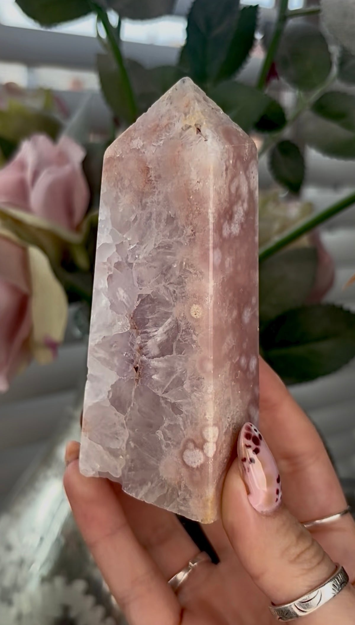 Pink amethyst Flower agate tower with quartz