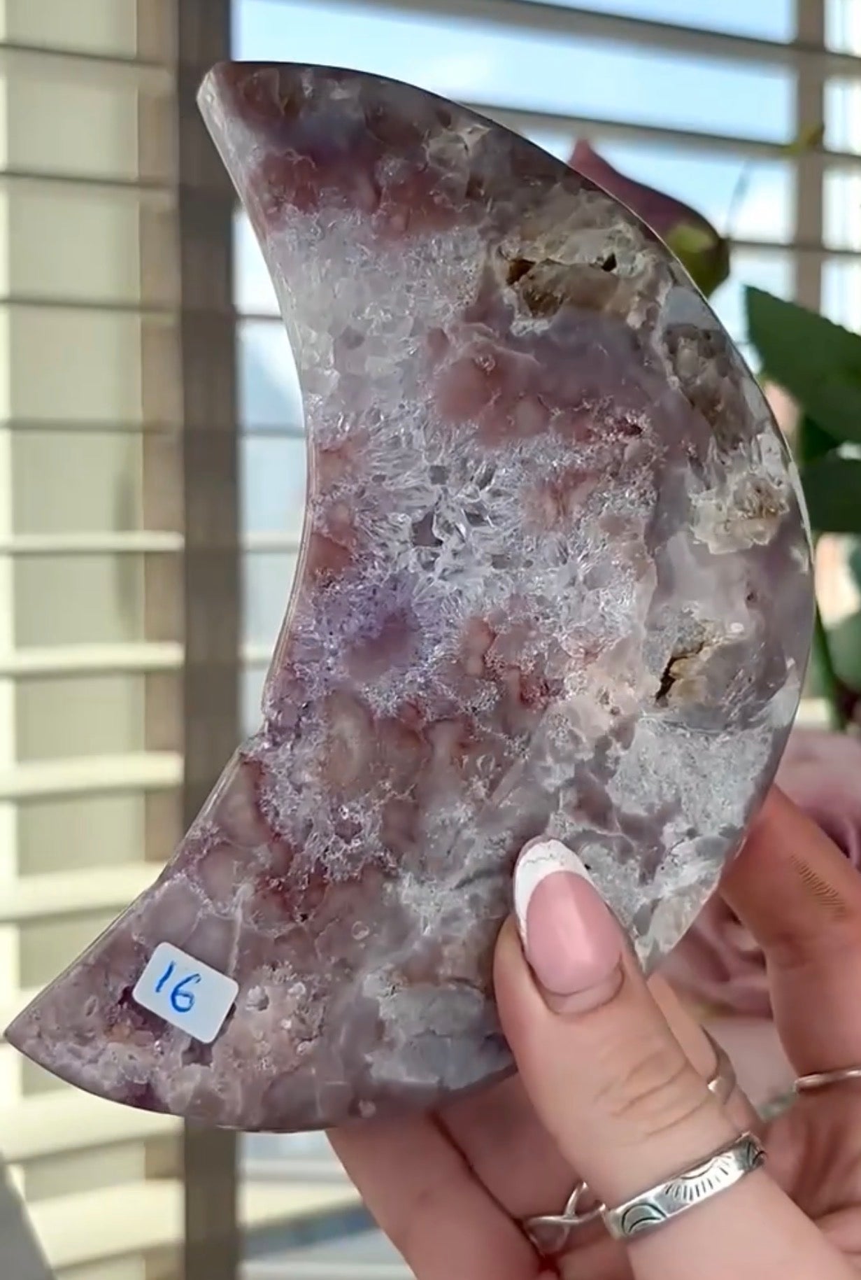 High grade, pink amethyst moon with quartz - comes with stand