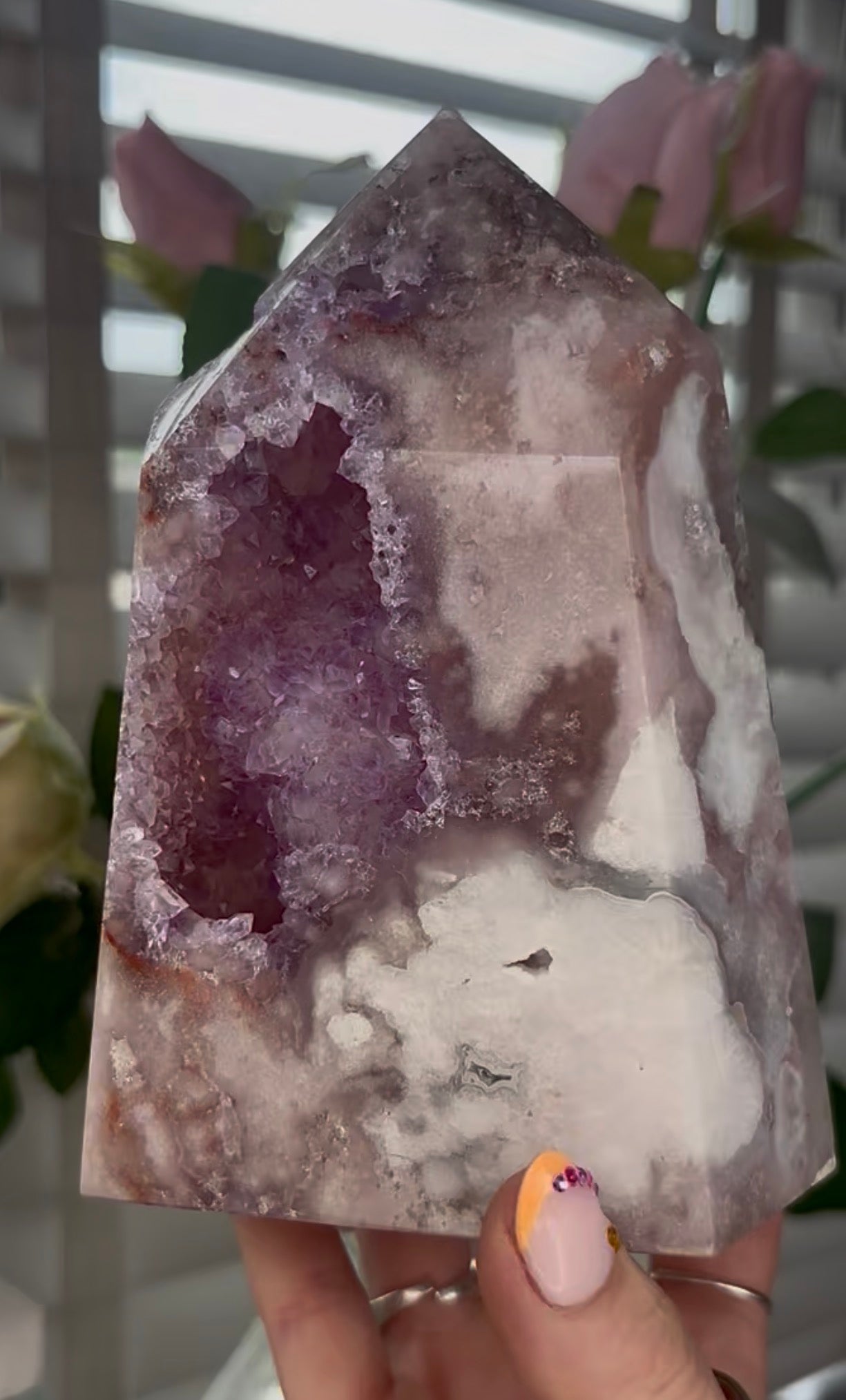 Huge, Beautiful, Pink amethyst tower with purple quartz druzy