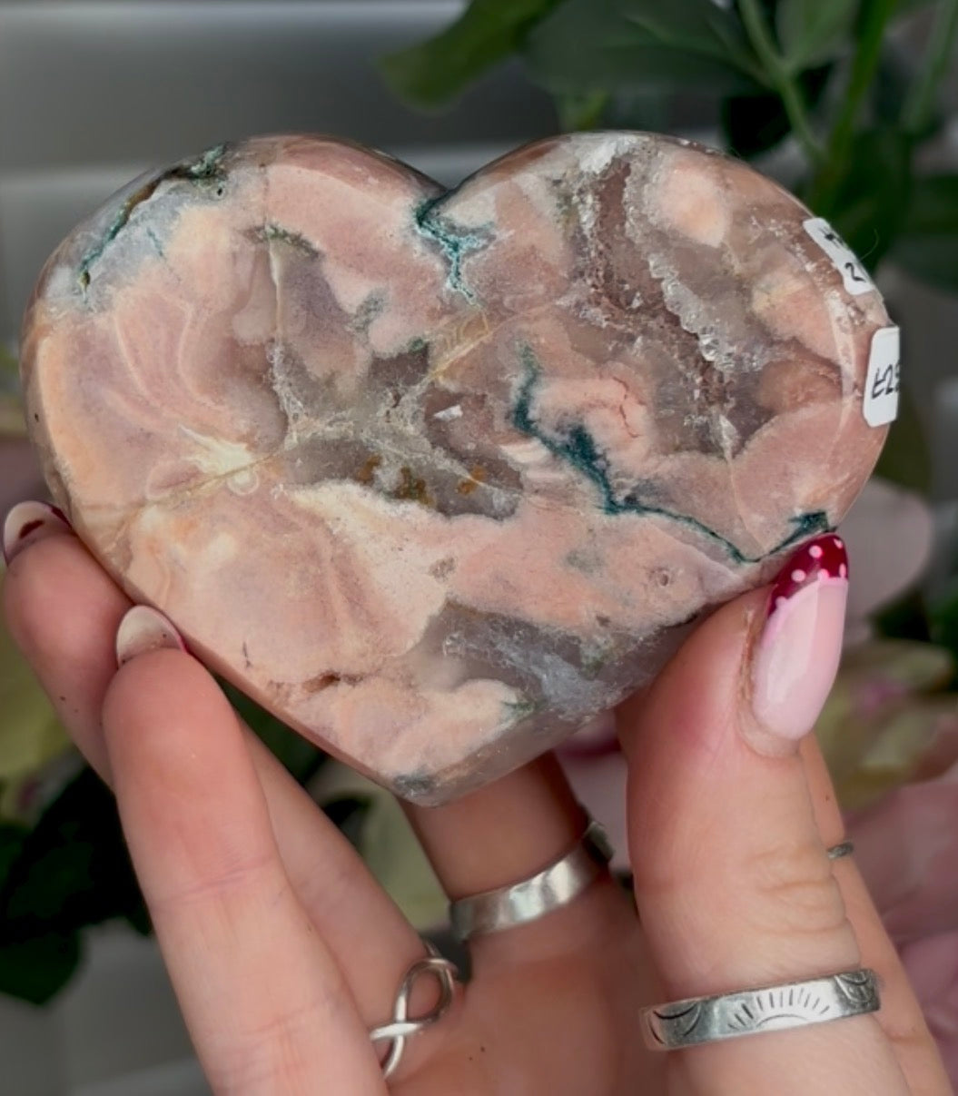 Gorgeous pink amethyst & jasper heart in peach tones  - comes with stand