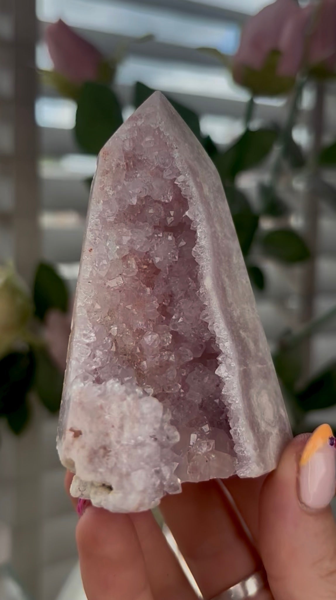 Pretty, baby Pink amethyst tower with Druzy