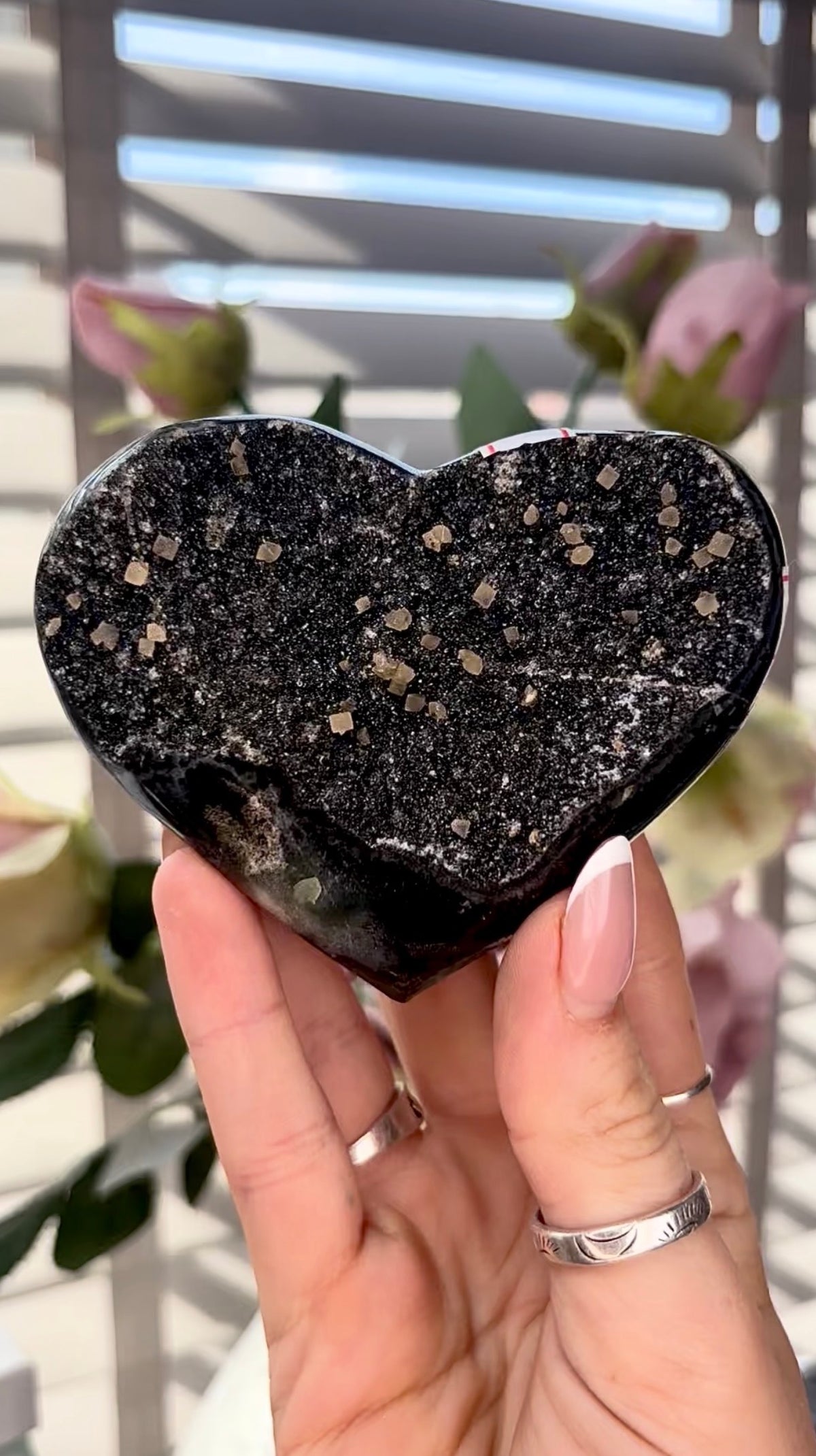 Black Uruguay amethyst heart with calcite - comes with stand