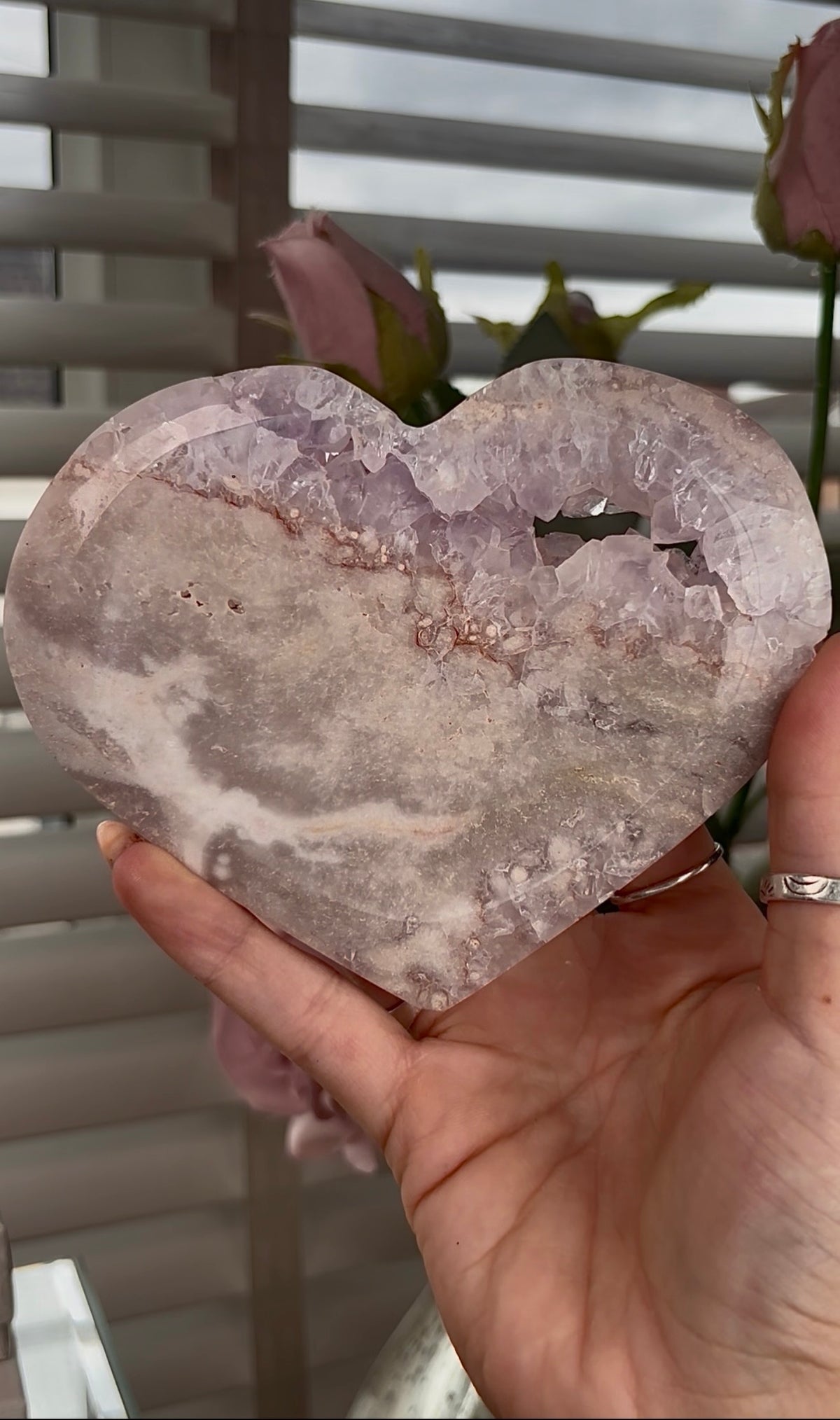 High grade, amethyst Flower agate heart with high clarity quartz