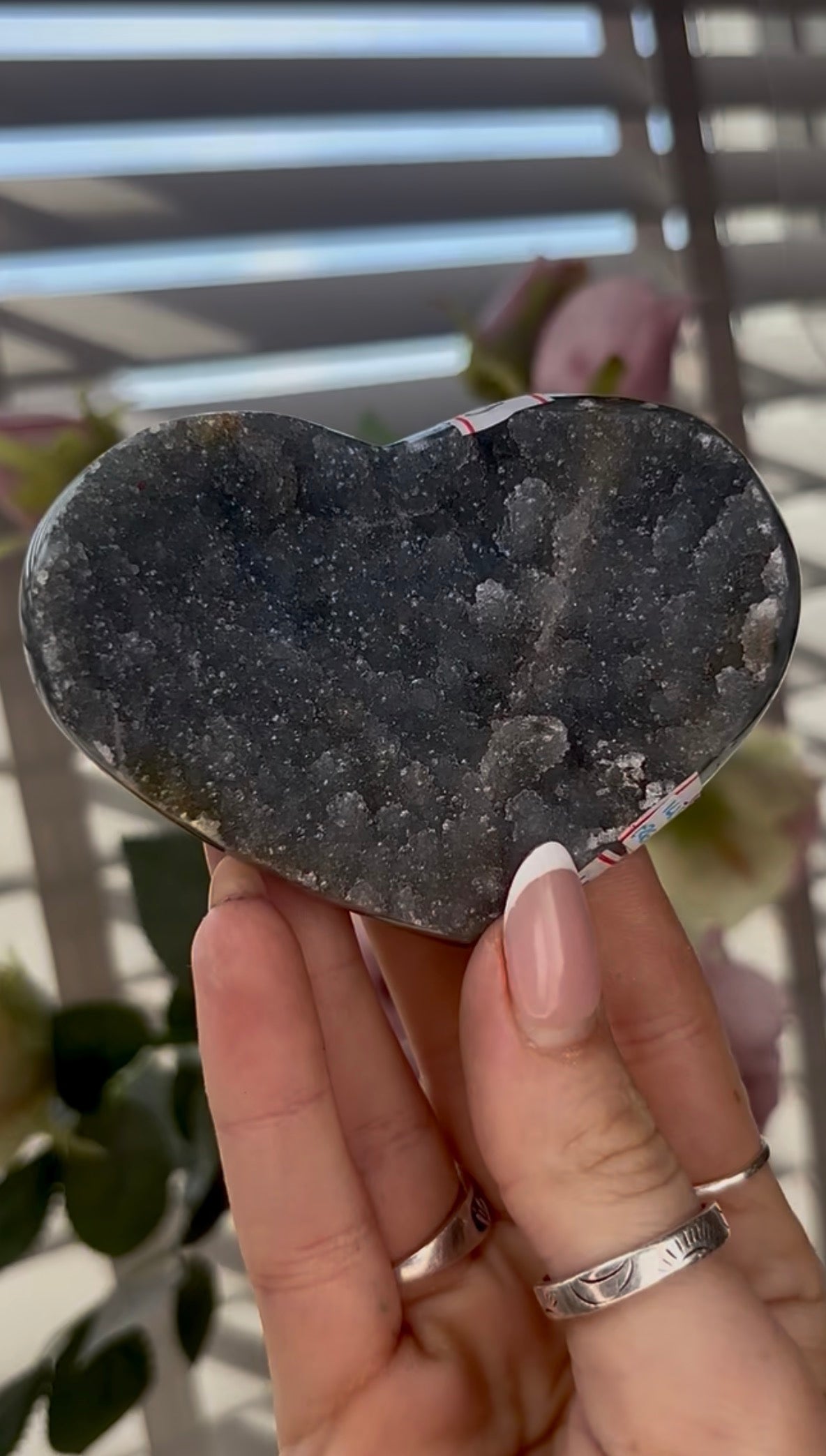 Uruguay, rainbow amethyst heart in dark grey tones - comes with stand