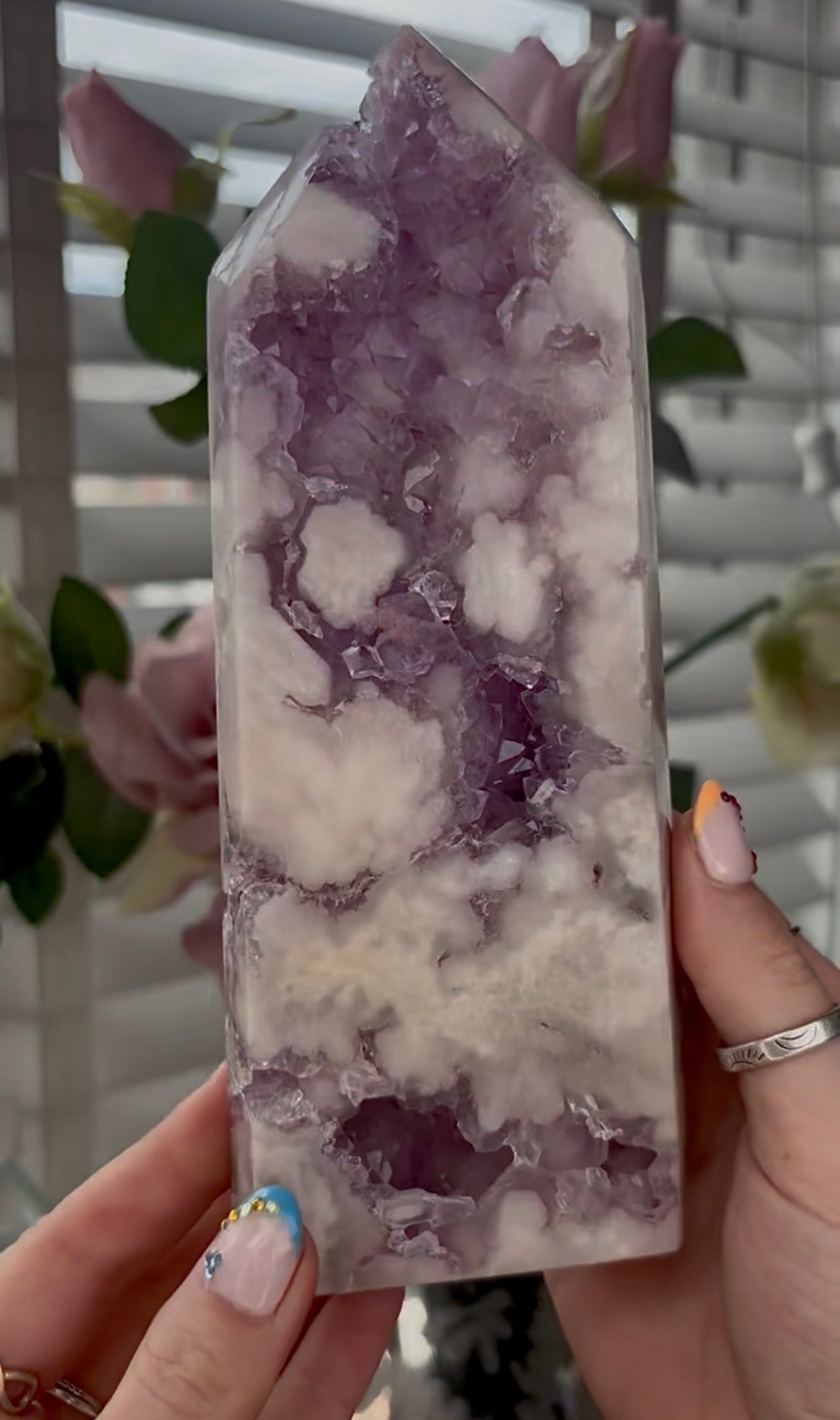 Huge, High quality, Pink amethyst tower, with purple quartz druzy