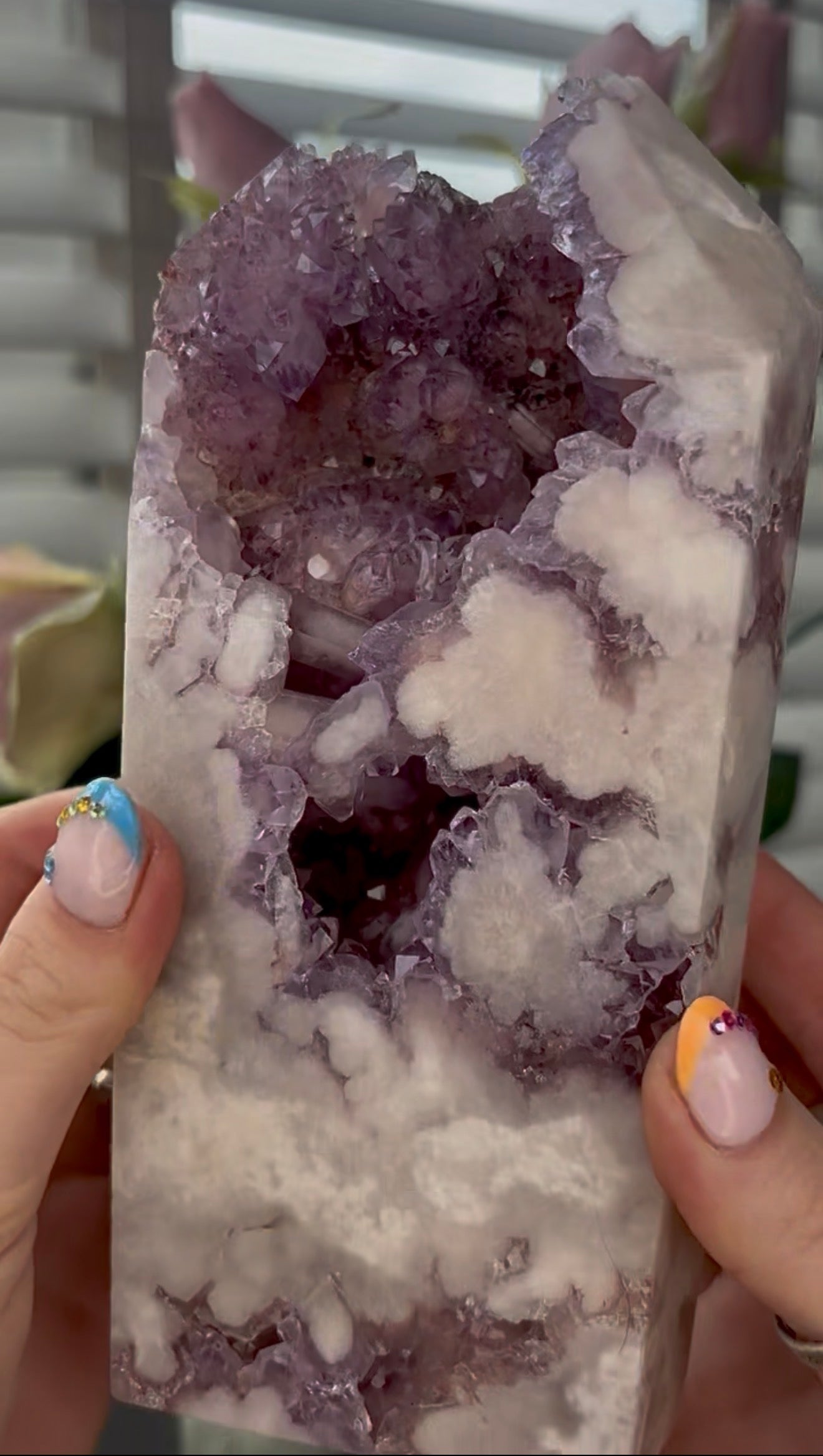 Huge, High quality, Pink amethyst tower, with purple quartz druzy