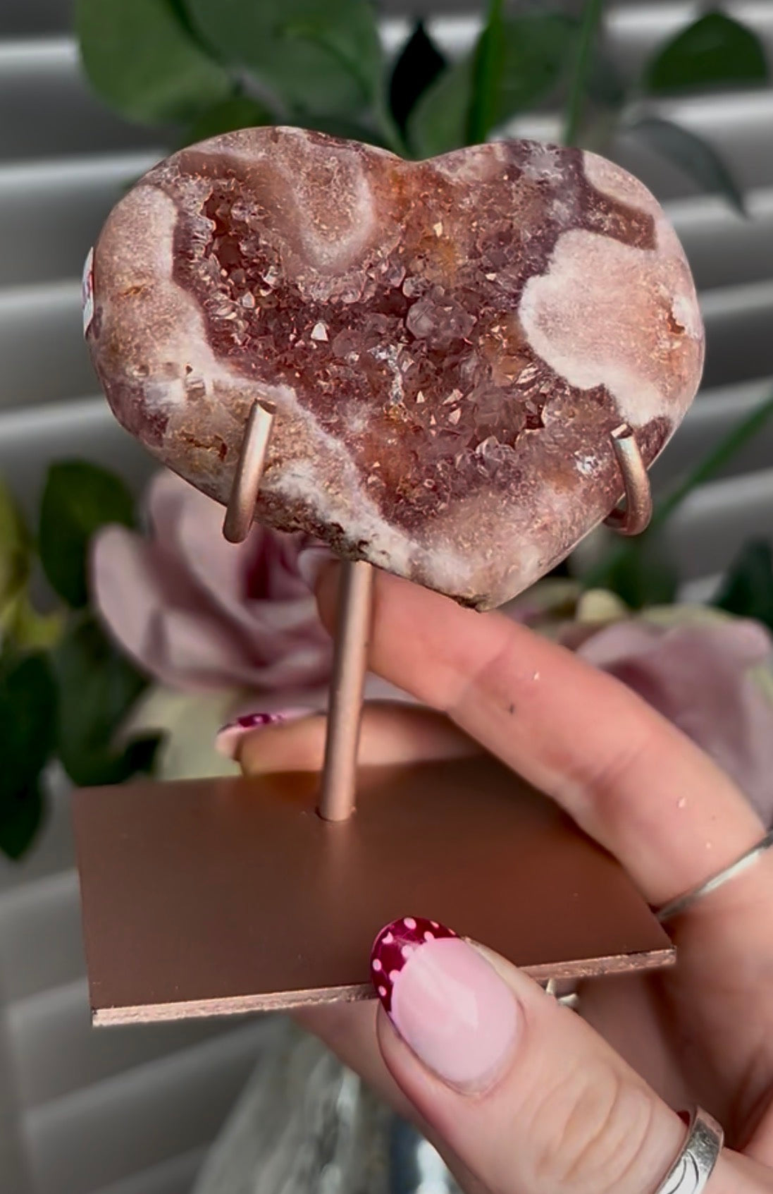 High quality pink amethyst heart - comes with stand